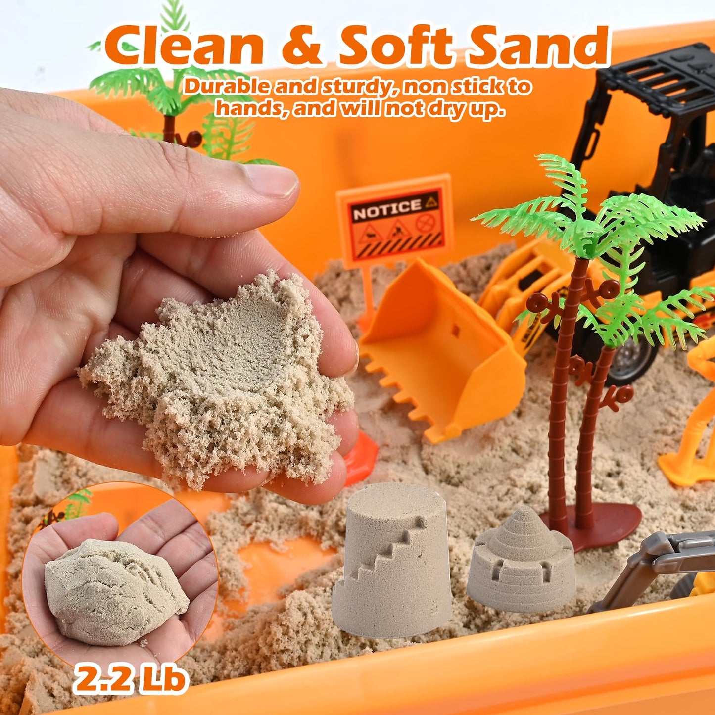 34 Pieces Sand Building Sites Sensory Toy Set for Toddlers with 8 Vehicles, 6 Castle Molds, 5 Road Signs, 4 Worker Figures, 2.2 Sand