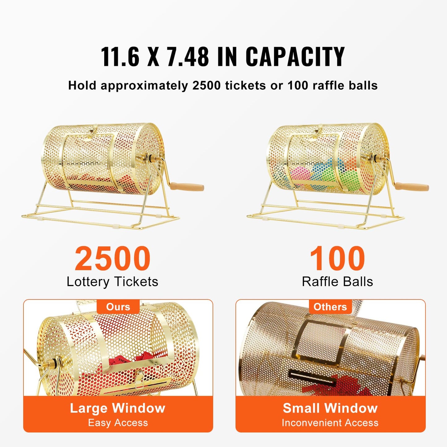 VEVOR Raffle Ticket Spinner - 12 x 8 Inch Raffle Drum Lottery Spinning Drawing, Brass Plated Raffle Tickets Roll Box with Wooden Turning Handle Holds 2500 Tickets or 100 Ping Pong Balls for Events