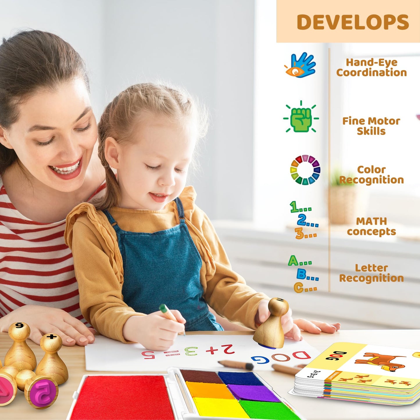 Montessori Wooden Alphabet & Number Stamps for Kids, Essential ABC 123 Learning Stampers for Ages 3-5, Preschool Homeschool Must-Haves Classroom Gift