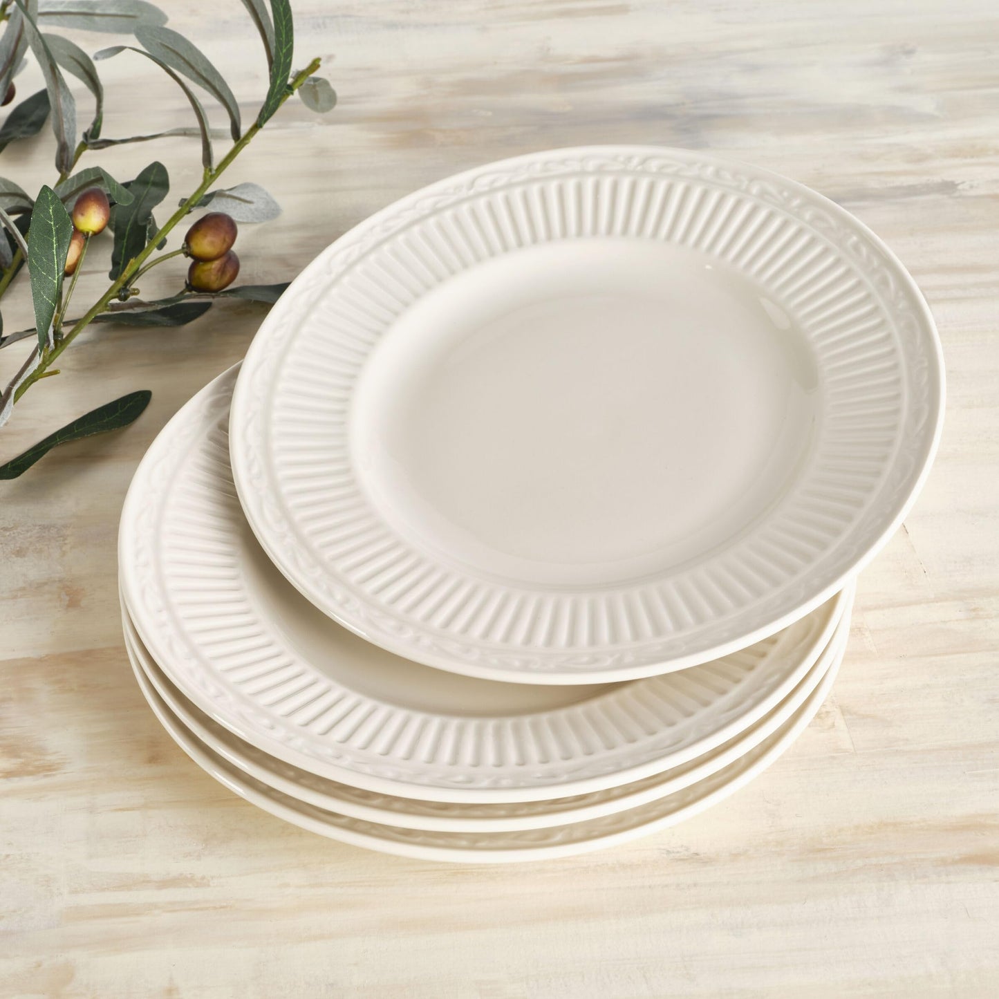 Mikasa Italian Countryside Set of 4 Porcelain Salad Plates, Classic Embossed White Plate Set, Microwave Dishwasher Safe, Cream, 8.25 Inch