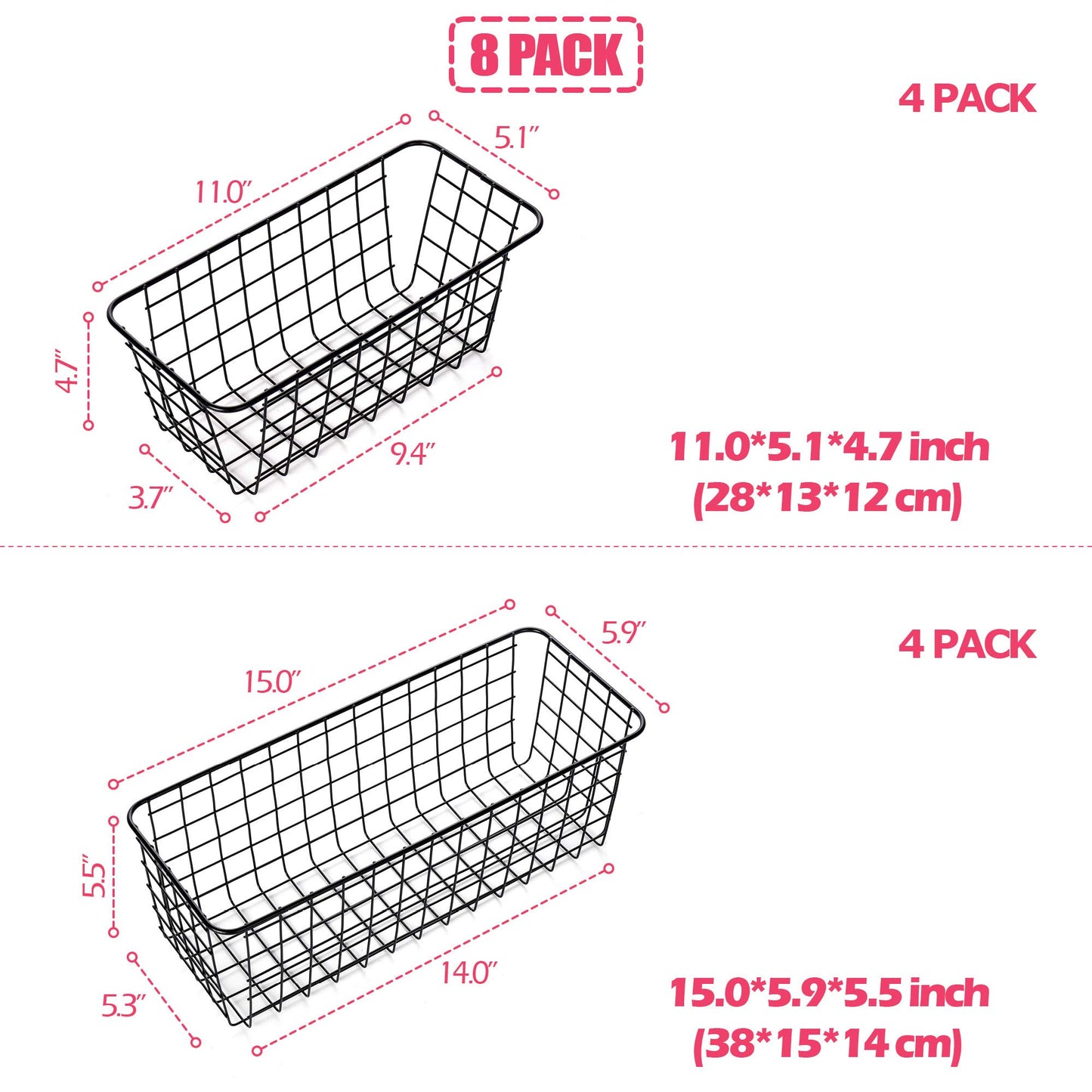 XINFULL 8 Pack Wire Storage Baskets Household Metal Wall-Mounted Containers Organizer Bins for Kitchen Bathroom Freezer Pantry Closet Laundry Room Cabinets Garage Shelf, 4 Large 4 Medium