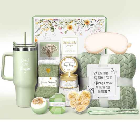 Birthday Gifts for Women Self Care Get Well Soon Gifts, Vanilla Relaxing Spa Gift Basket - Happy Birthday Set w/ Luxury Flannel Blanket & 40 oz Tumbler, Unique Christmas Gift for Mom Her Wife Sister