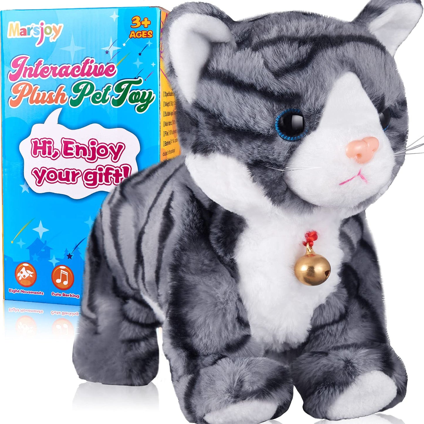 Marsjoy Pattern Gray Robot Cat Plush Cat Stuffed Animal Interactive Cats, Meow Kitten Touch Control, Electronic Cat Pet, Animated Toy Cats for Girls Baby Kids