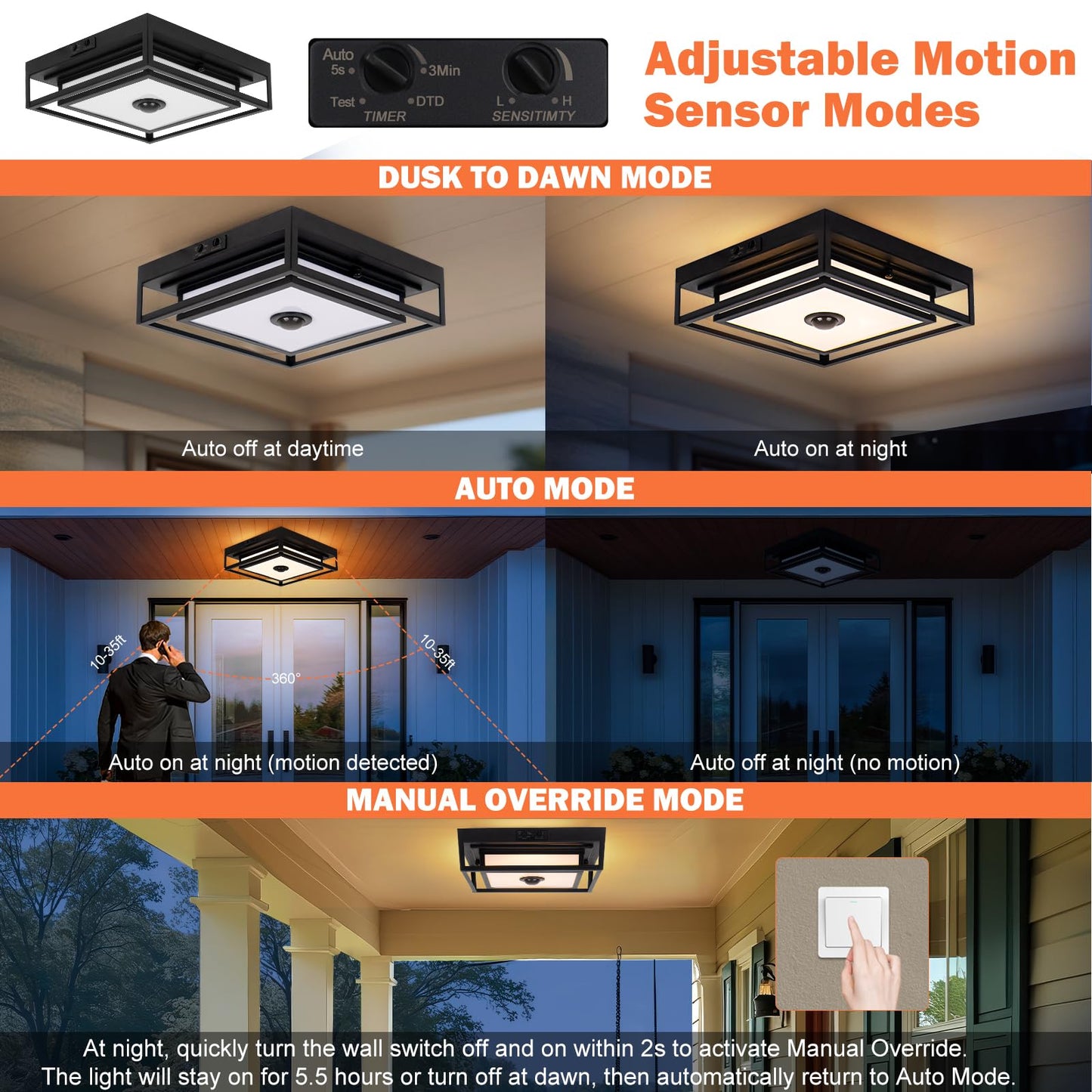LED Motion Sensor Outdoor Ceiling Light, Modern Black Flush Mount Ceiling Light, 10.5" Square Dusk to Dawn Exterior Light, Waterproof Light Fixture Ceiling Mount for Porch, Garage, Entryway ,Farmhouse