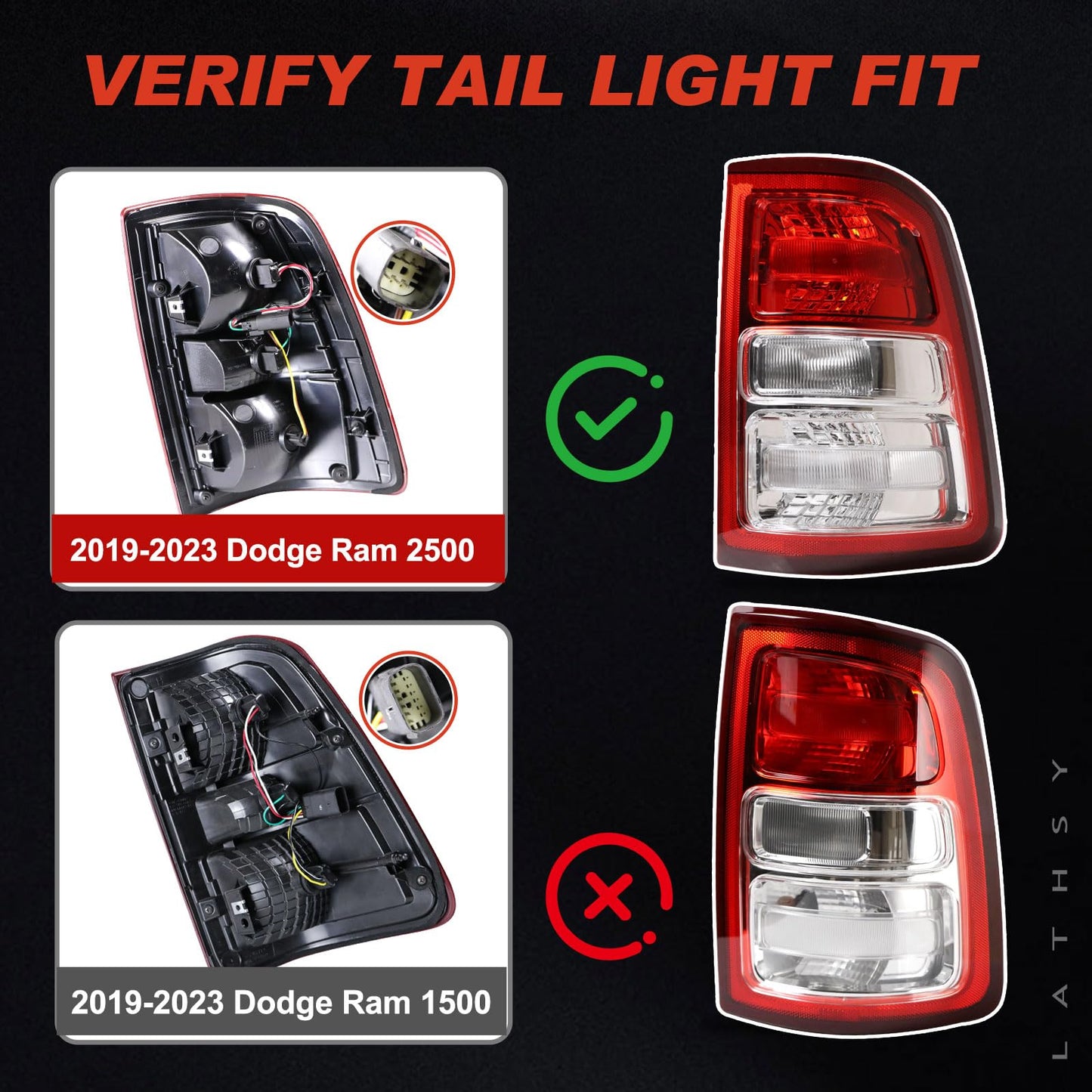Lathsy Tail Lights Red Bezel Compatible With 2019-2023 Dodge Ram 2500 Left Driver Side Replace:68361715AD