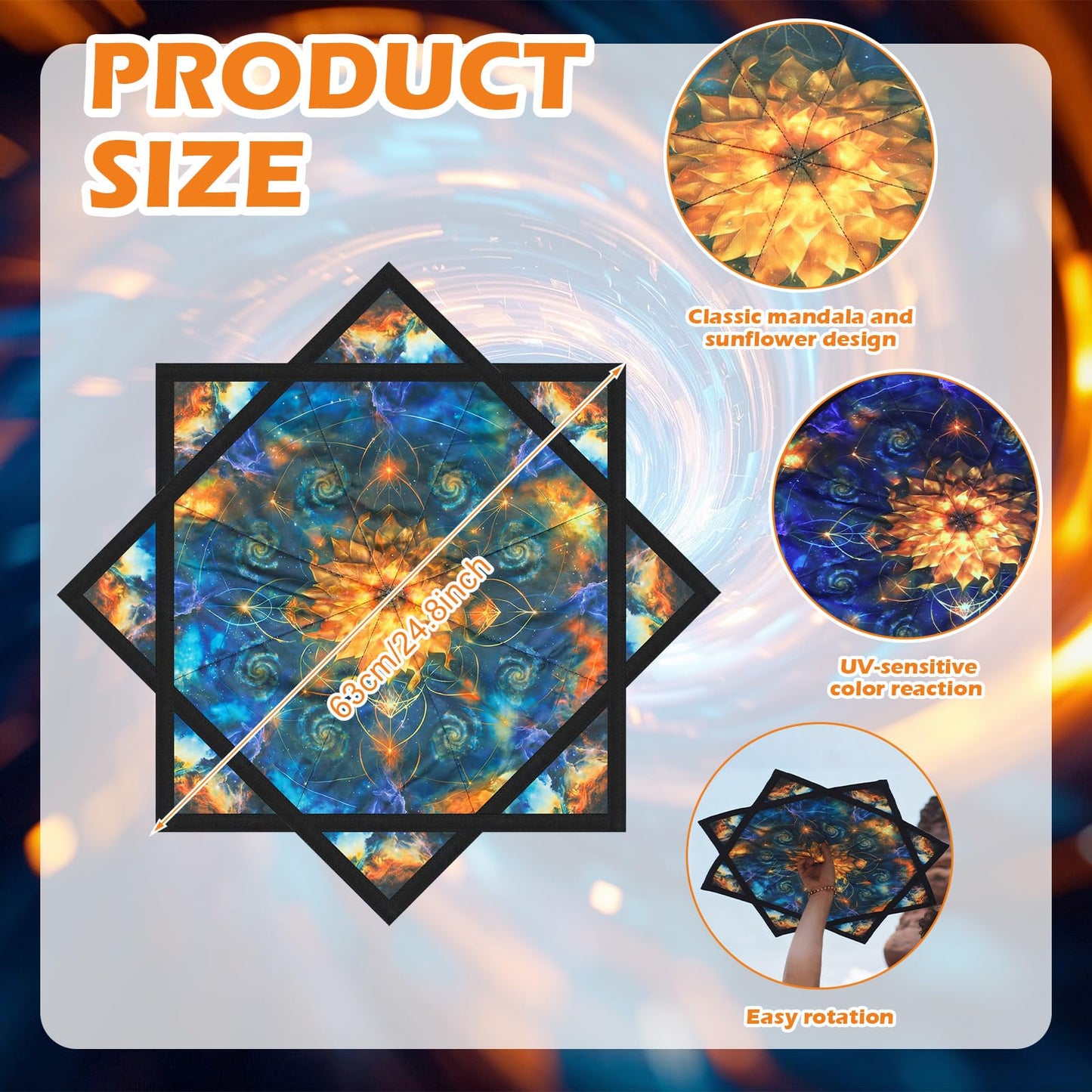 Teyva Daily 24.8'' UV Reactive Mandala Sunflower Flow Star Spinning Cloth for Beginners and Advanced Soft Cotton Flow Prop with Vibrant Colors Smooth Rotation for Dance Play Arts(Golden Mandala)