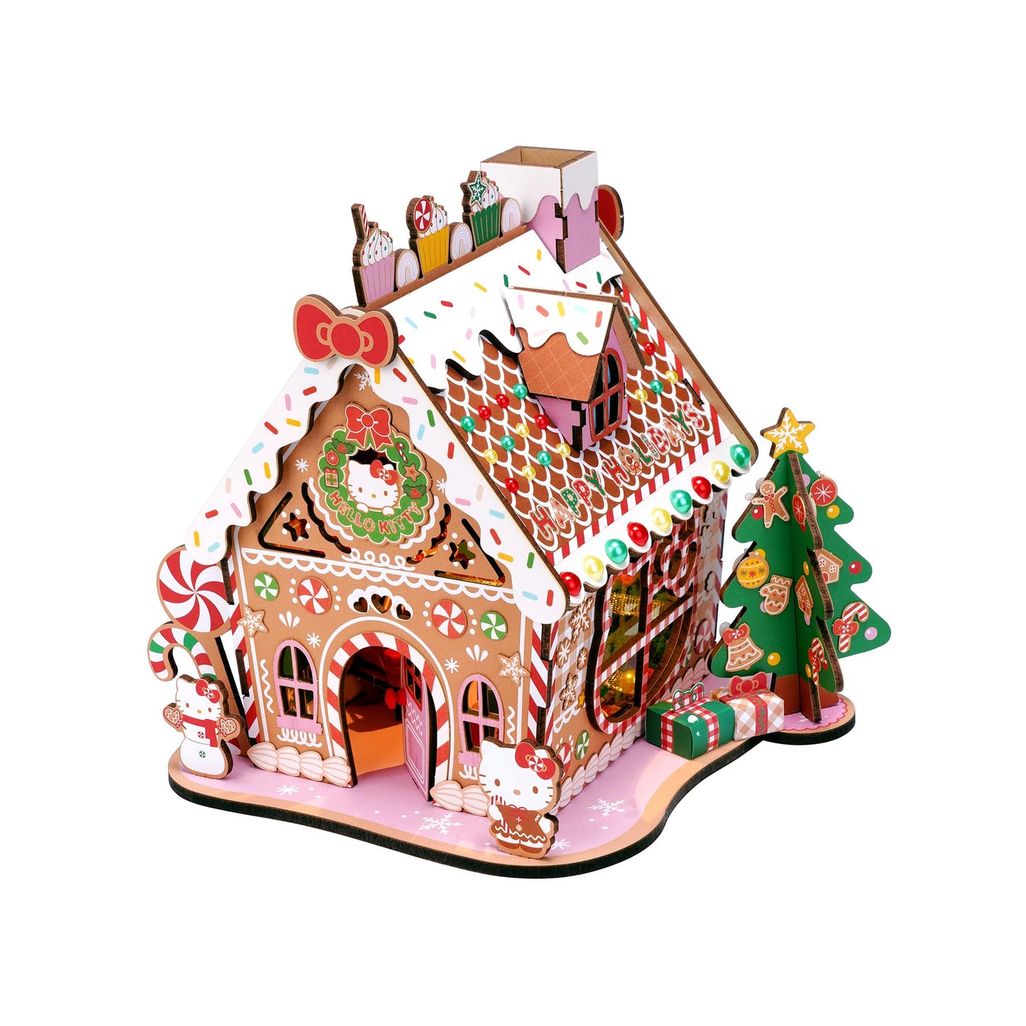 Hello Kitty Gingerbread House Kit – Wooden Holiday 3D Puzzle. DIY Christmas Craft Set, Winter Home Decor Holiday Display, Christmas Decoration and 3D Model for Ages 14 and Up