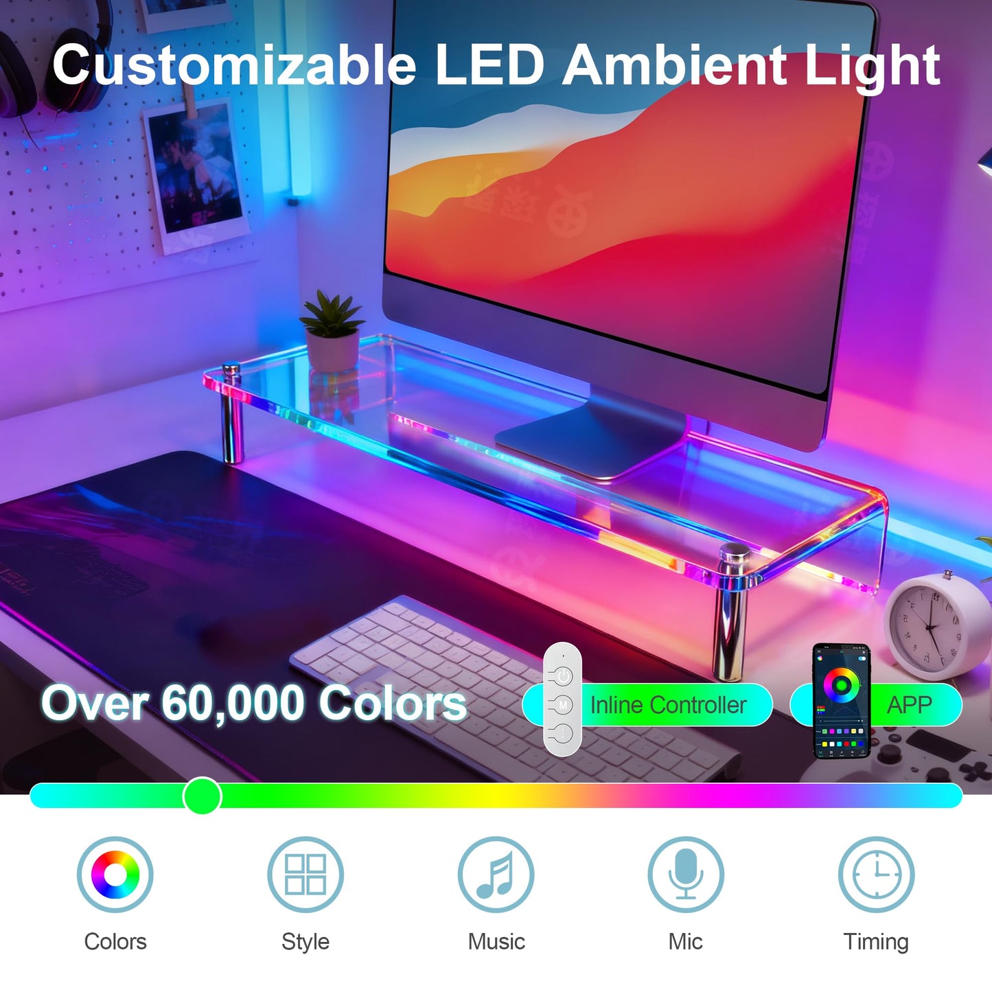ERGO COLLECT Thickened Acrylic Monitor Stand, RGB LED Color Changing Desk Riser with 3 Control Modes, APP Control Button Control Music Sync Gaming Light, Clear Desktop Shelf for Computer Laptop Home Office Gaming Setup, 23.6 Inch