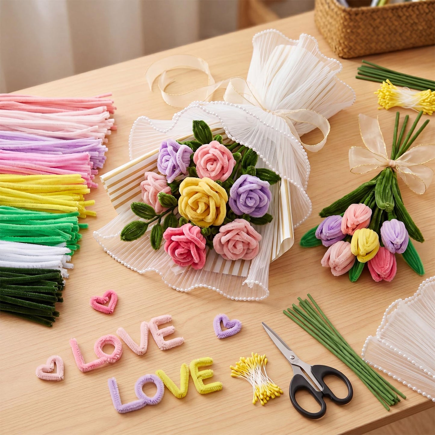 Chicplaid 800 Pcs Pipe Cleaners Craft, Pipe Cleaners Flowers Kit, 8 Colors Chenille Stems with Floral Wires, Gardening Tape, Stamen, Floral Wrapping Paper & Ribbon for DIY Craft Supplies