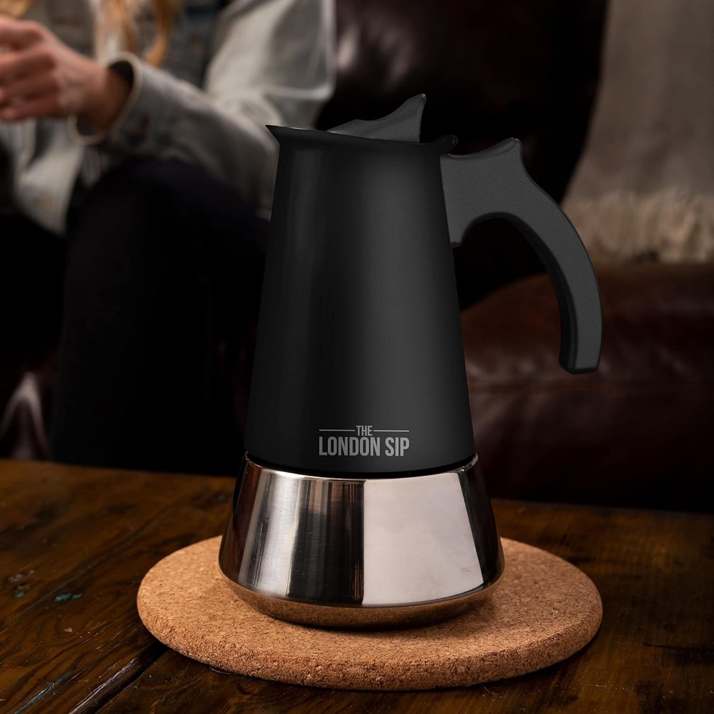 London Sip Stainless Steel Stovetop Espresso Maker Moka Pot Italian Coffee Percolator, Matte Black, 10 Cup