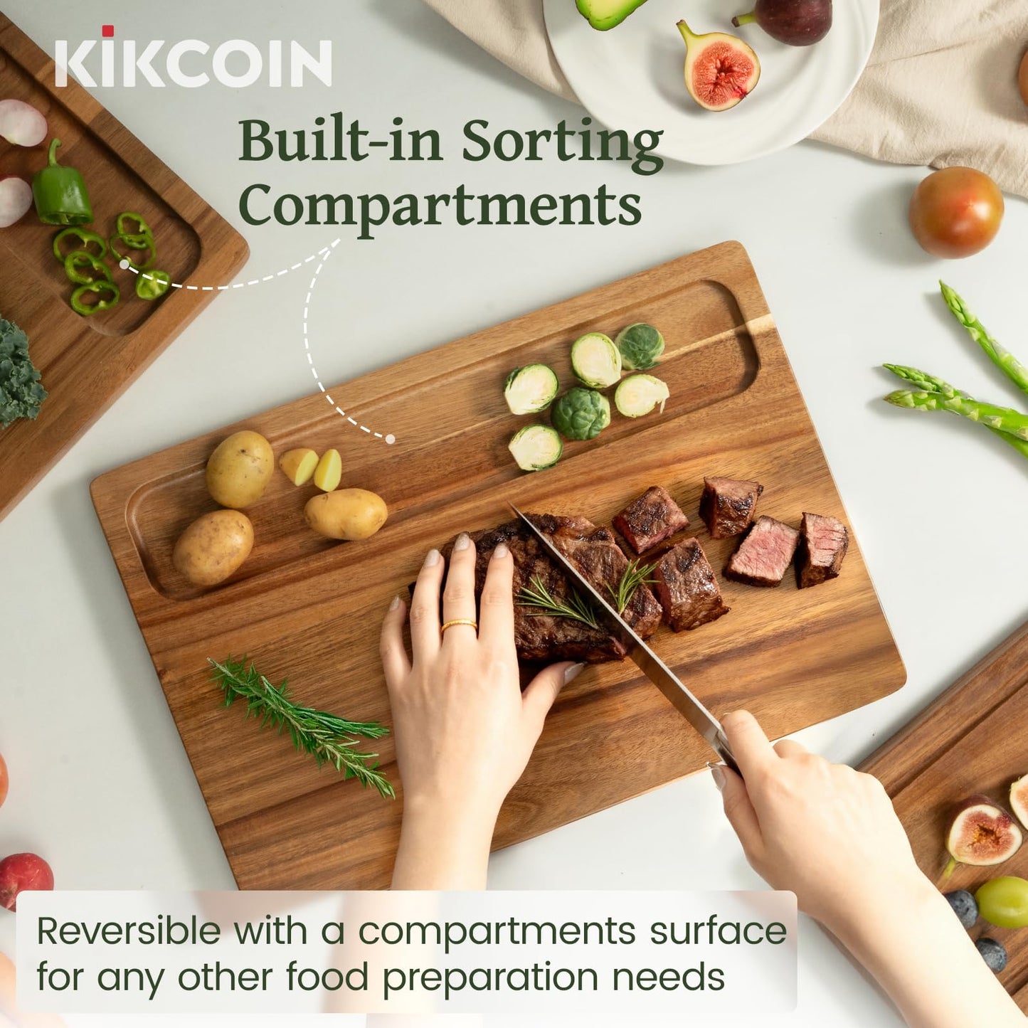 Acacia Wood Cutting Boards for Kitchen, Kikcoin 3 PCS Wooden Cutting Board Set with Holder, Chopping Board with Compartments and Juice Groove, Solid Charcuterie Boards Serving Tray Wood Butcher Block