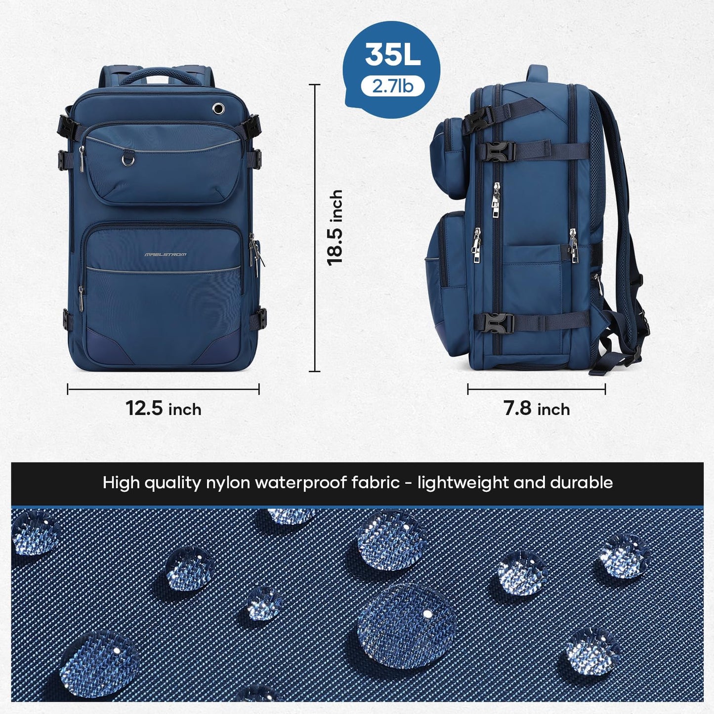 Maelstrom Travel Backpack for Men Women, 35L Carry on Backpack for Traveling on Airplane,with Belt Bag&Shoe Compartment,Waterproof Laptop Backpack fit 17”Laptop-Navy Blue, Large
