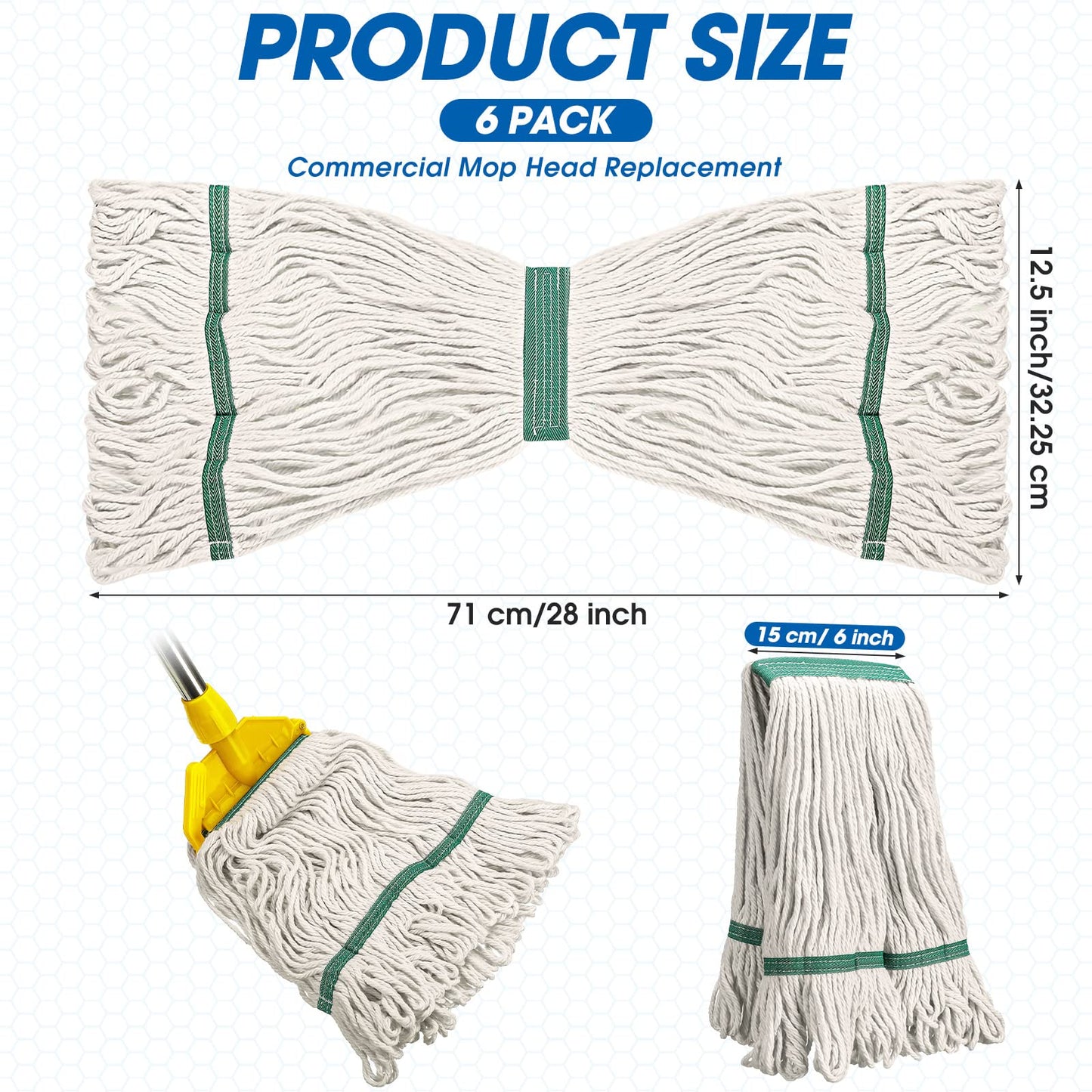 6 Pack Heavy Loop End Cotton String Mop Head Heavy Duty Mop Head Commercial Refills Mop Head Replacement for Home Industrial Commercial Floor Cleaning(White, Green)