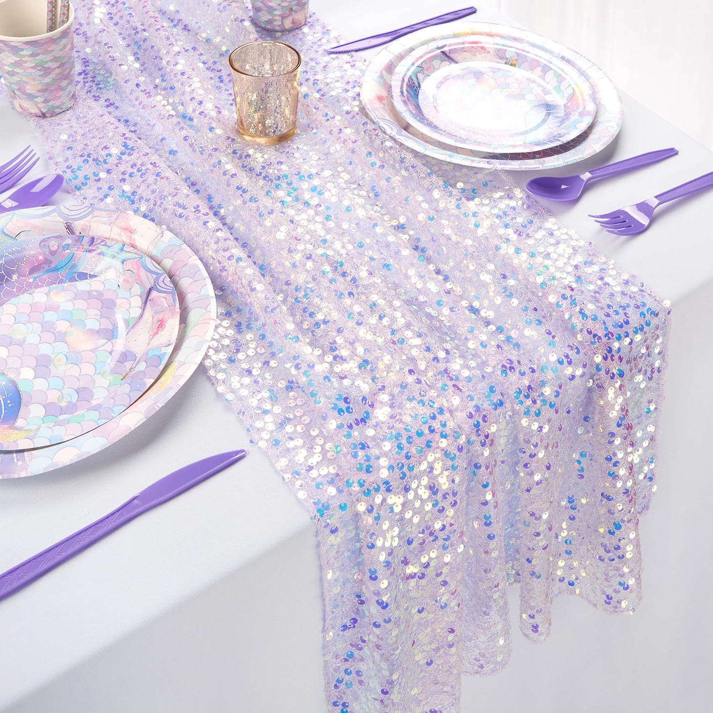 3 Packs Mermaid Party Table Runner 25x120 Inches Purple Table Runner Glitter Sequin Fabric Mermaid Birthday Decorations