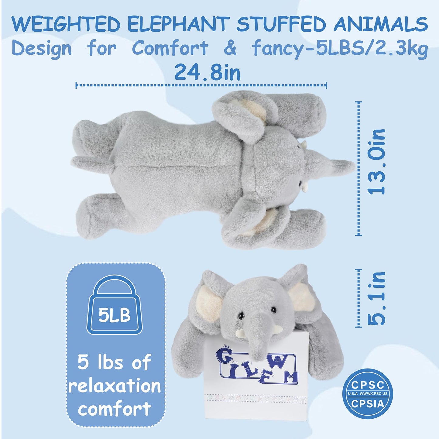 GILFWM Weighted Stuffed Animals Elephant - 25" Big Stuffed Animal Toy Pillow for Kids & Adults, 5 lbs Ultral-Soft Washable Weighted Plush