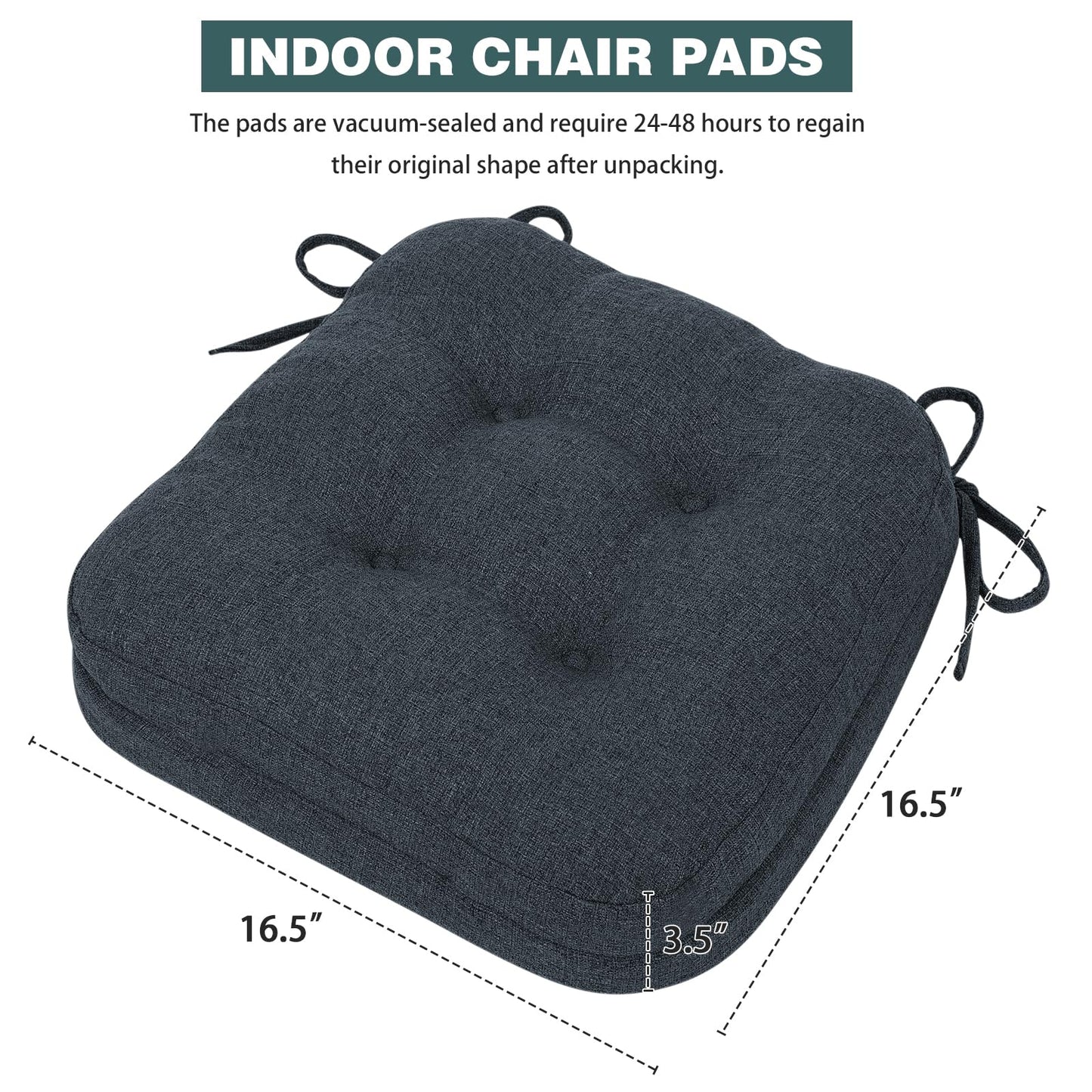 baibu Dining Chair Cushions Set of 6, Dual-Layer Memory Foam Kitchen Chair Cushions, Patented Design Seat Pads with Ties, 16.5 x 16.5 x 3.5in, Navy Blue