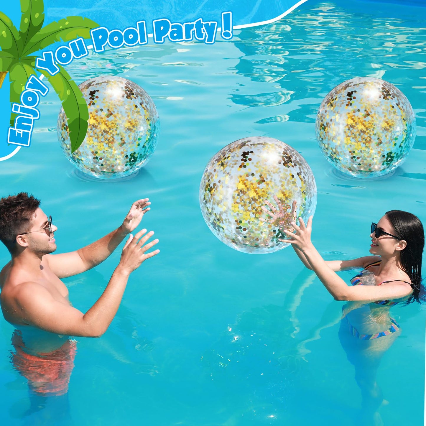 QOUBAI 12 Pack Gold Glitter Beach Beach Balls 16" Large Inflatable Sparkly Confetti Pool Balls Glitter Pool Toys PVC Jumbo Sport Ball for Birthday Hawaiian Halloween Wedding Christmas Party Favor
