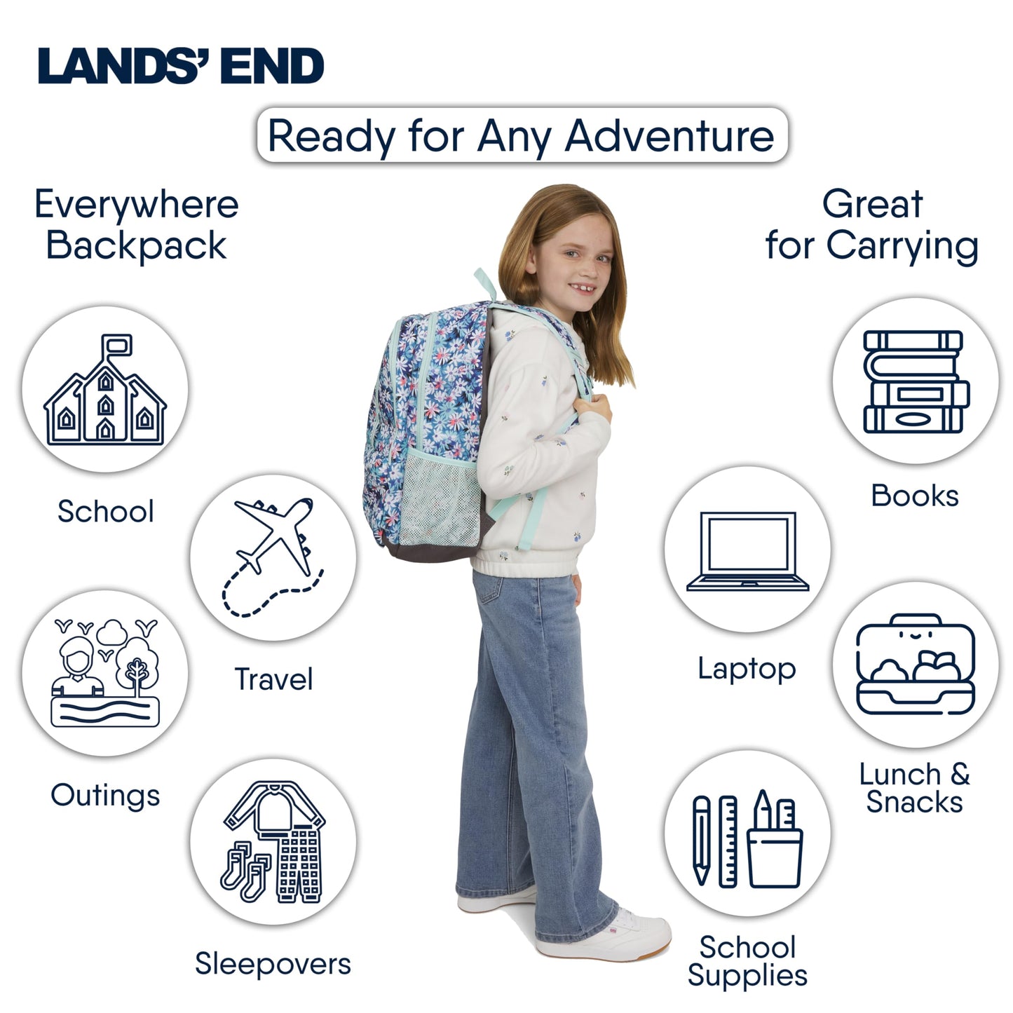 Lands' End Unisex Kids Large ClassMate Lightweight Durable Elementary School Backpack, Peacock
