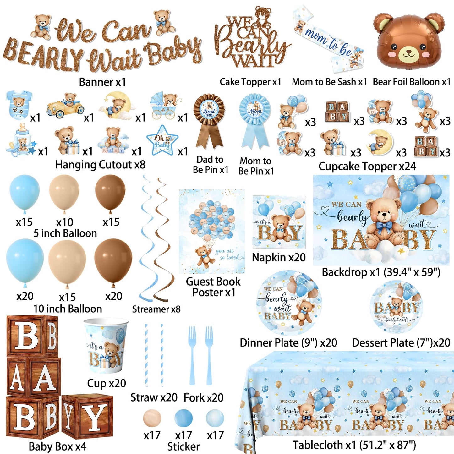 Blue Bear Baby Shower Decorations for Boy, All-in-1 Bear Party Decorations with Balloon Arch Kit Wood Grain Baby Boxes Plates Napkins Cake Toppers Tablecloth Backdrop Blue and Brown Baby Shower Decor