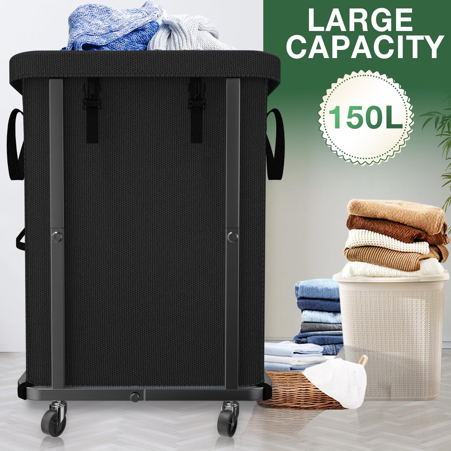 40 Gal(150L) Laundry Basket with Lid, Rolling Laundry Hamper with Wheels, Dirty Clothes Hamper with Metal Frame and Removable Bag Design, Suitable for Laundry Room, Bedroom - Black