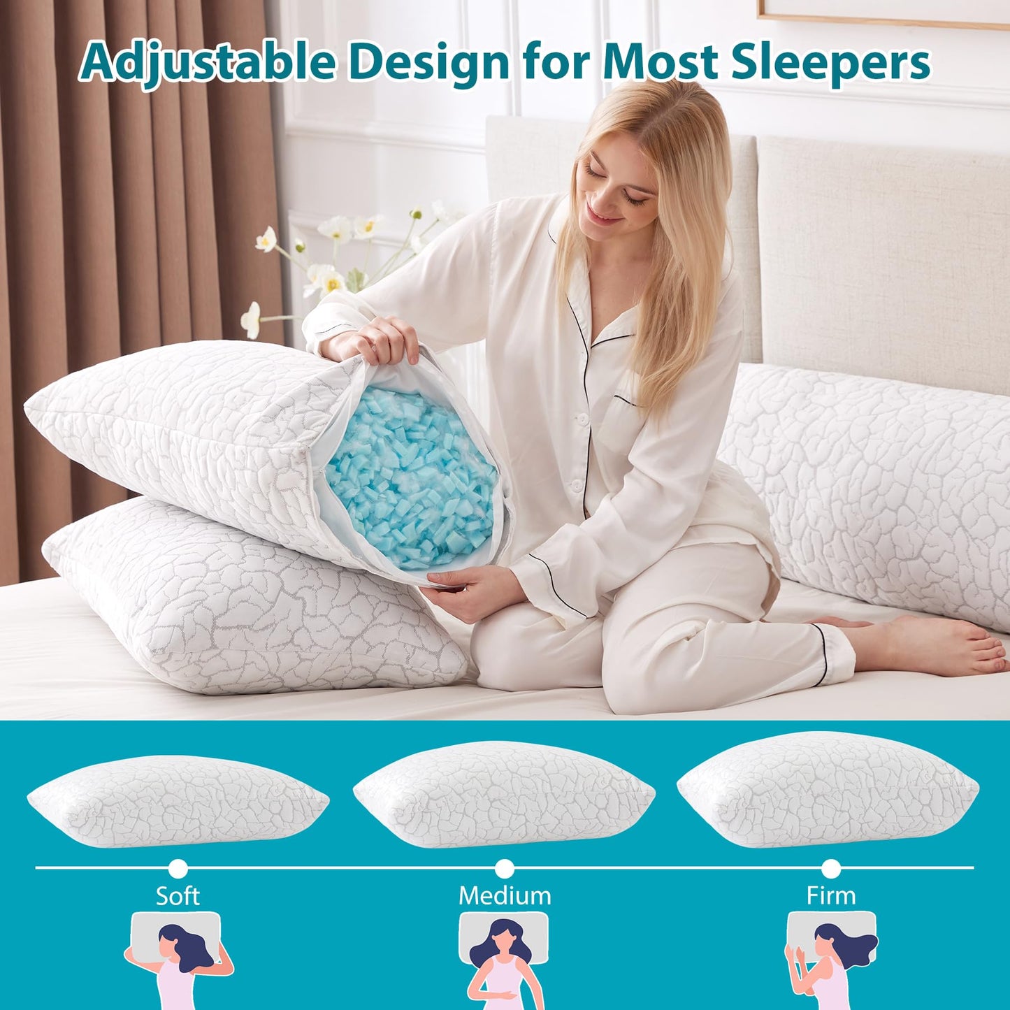 WGAKCED Cooling Pillows for Sleeping 2 Pack, King Size Adjustable Shredded Memory Foam Pillows, Firm Bed Pillows for Side, Back, Stomach, Hot Sleepers, Cold Pillow with Removable Washable Cover