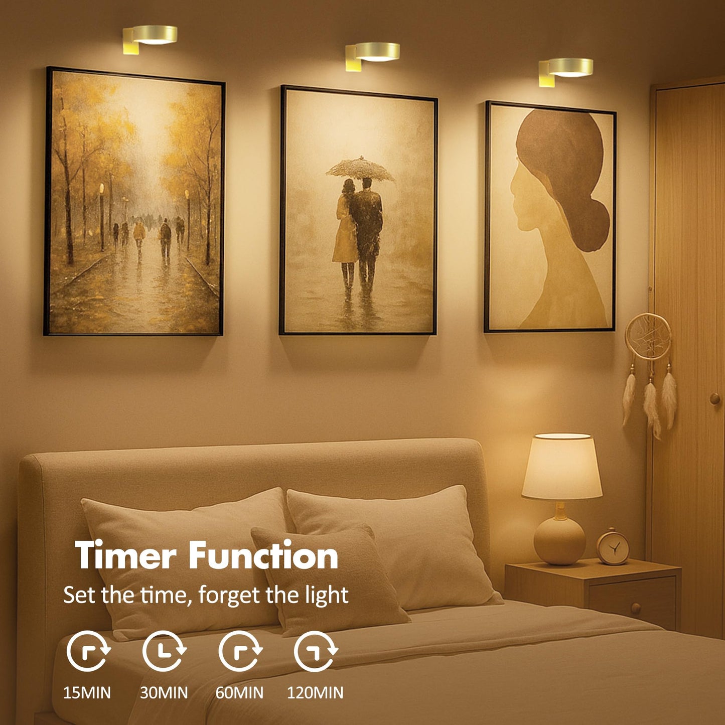 6Pcs Battery Operated Picture Light, Magnetic Led Painting Light with Remote Dimmable and Timer, 3 Lighting Modes Art Display Light for Picture Frame Paintings, Wireless Wall Decor Puck Lights, Gold