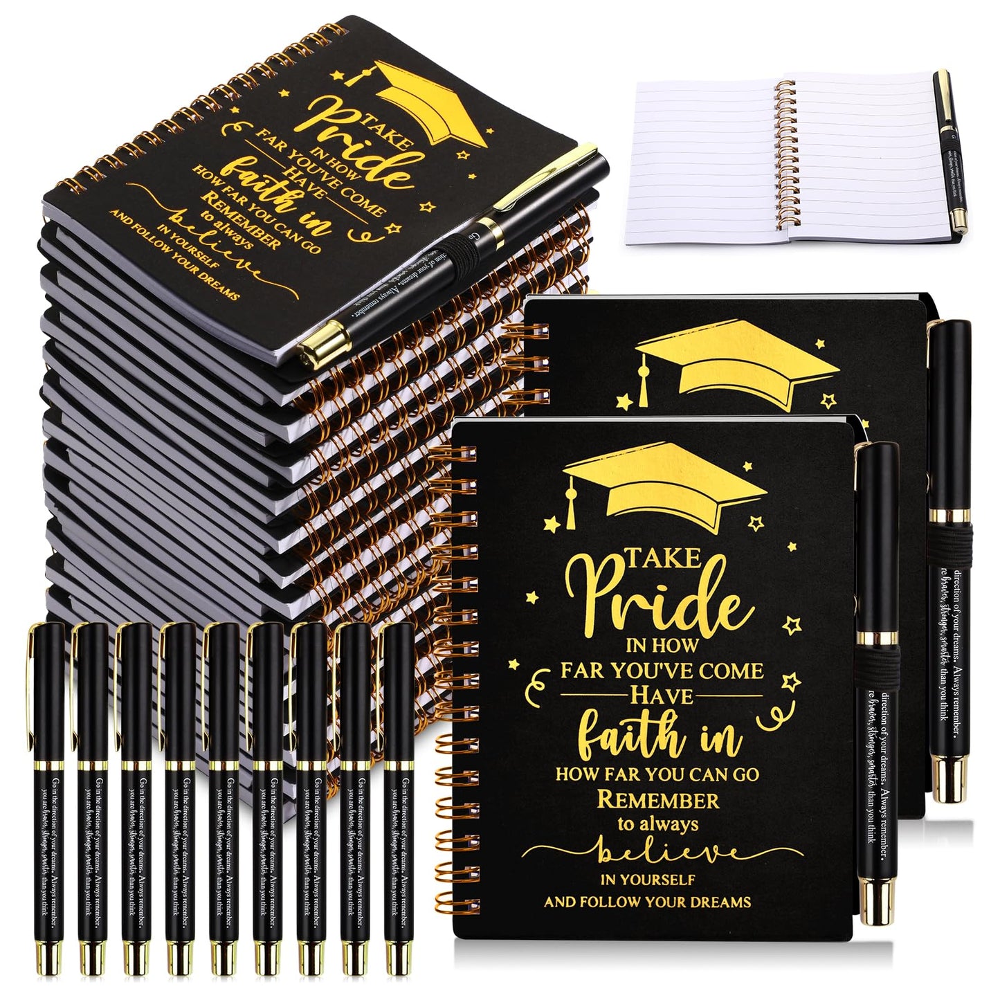 FillTouch 20 Sets 2026 Graduation Gifts Bulk Inspirational Spiral Journal with Motivational Pen Kraft Notebooks Class of 2026 Gifts for College Graduate (Black)