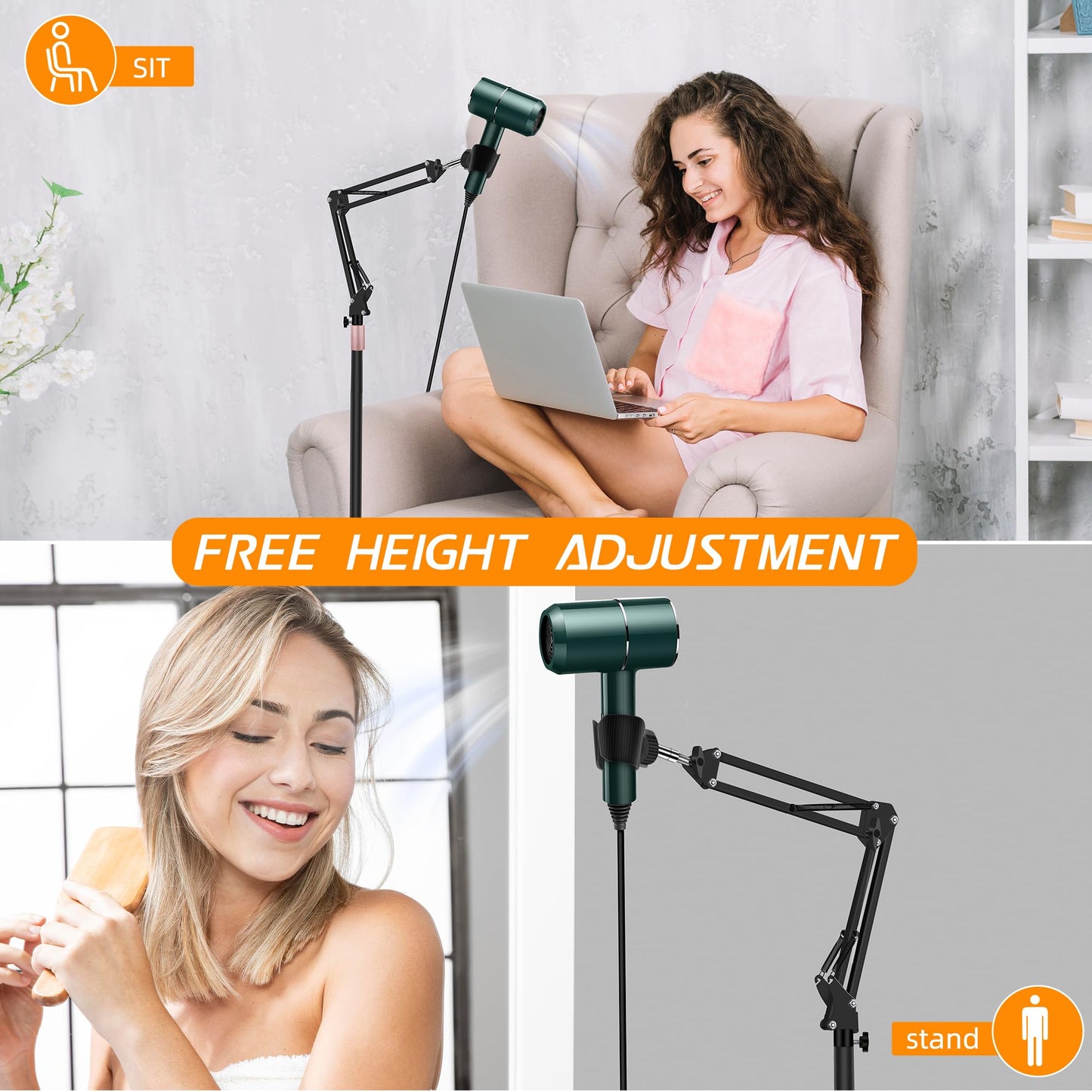 Vivnoon Hair Dryer Stand, 1.68M Height Adjustable, Hands Free Blow Dryer Holder with Heavy Base, 360 Degree Rotating, Work with 99% Dryers, Gift for Mom, Elder, Frozen Shoulder - Black