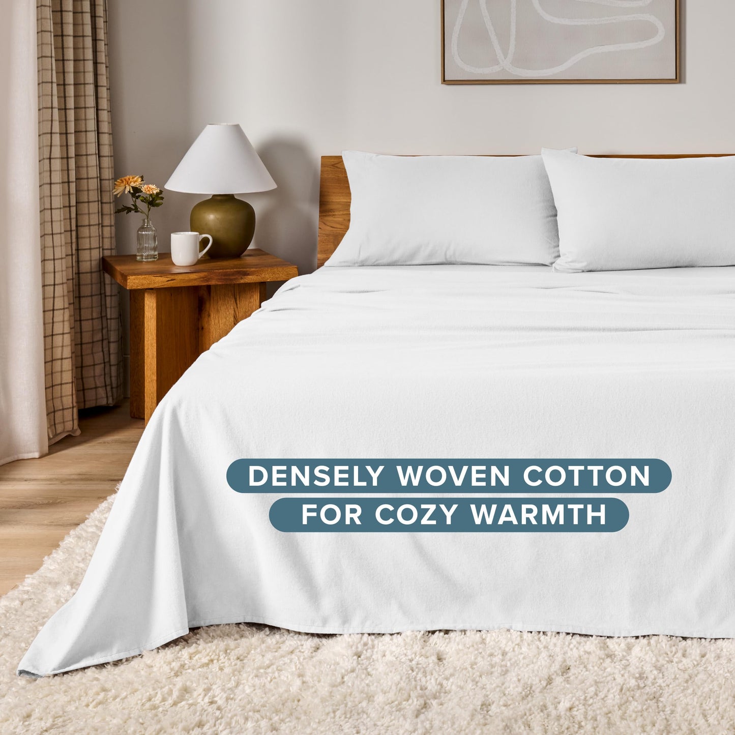 Bare Home Flannel Sheet Set 100% Cotton, Velvety Soft Heavyweight - Double Brushed Flannel - Deep Pocket (Queen, White)
