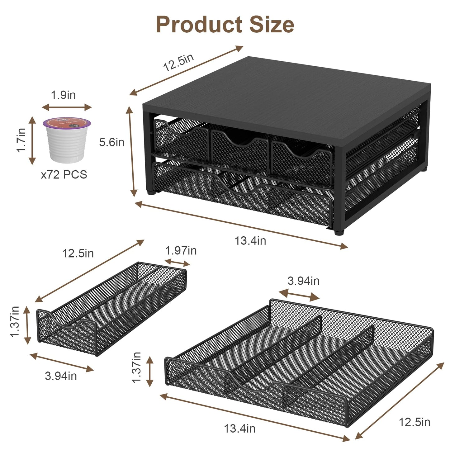 Coffee Pod Holder For Counter, 3 Pull-Out 72 K-Cup Holder Drawer, Wooden Cafe Pods Storage Organizer with Sliding Drawers for Coffee Station, Home, Kitchen, Office, Dorm (Black)