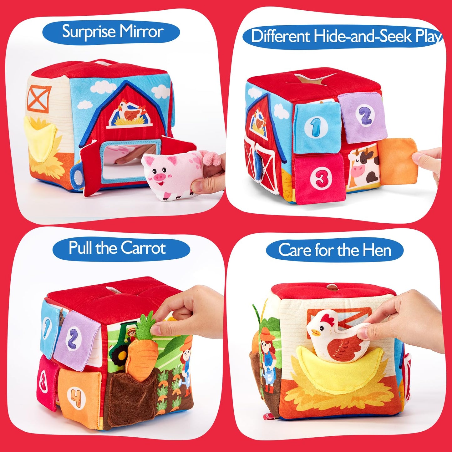 hahaland Baby Toys 6-12 Months - 13Pcs Surprise Developmental Box with Stuffed Farm Animals, Rattle, Crinkle Tissue, Squeaker, Mirror, Soft Activity Sensory Toy Montessori Toy for Babies