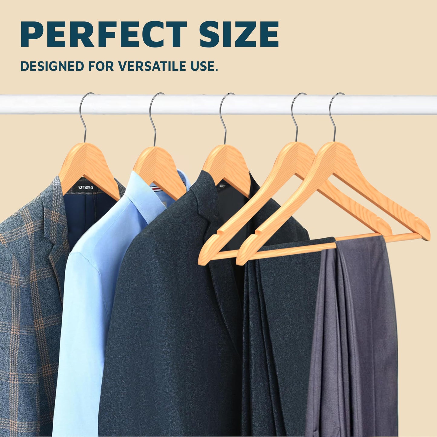 Lifemaster Wooden Hanger Set - 50 Pieces Non-Slip Versatile Closet Space-Saving Hanger Set for Suit, Coat, Camisole, Jacket, Pants, and Dresses with Rotating Swivel Hook - Natural Wood