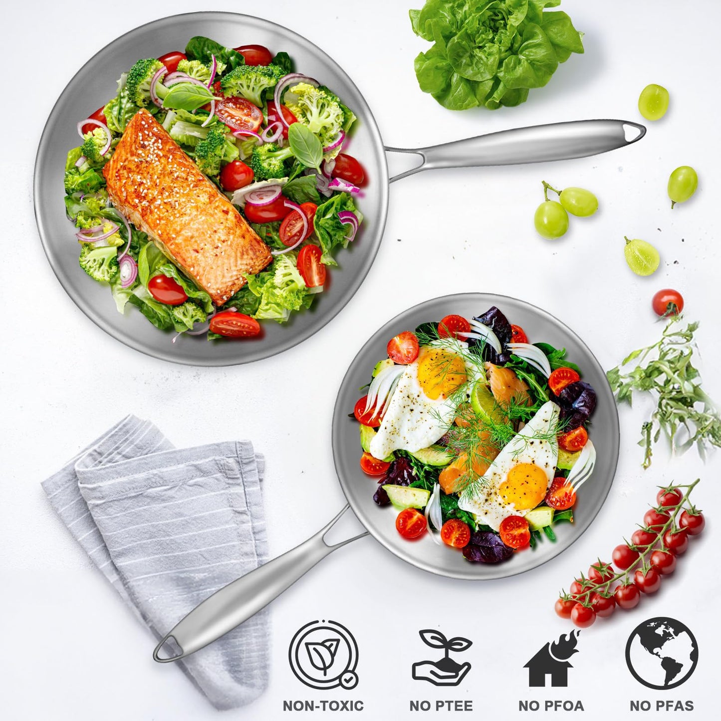 EWFEN Tri-Ply Stainless Steel Frying Pans Set, 8”/10”/12” Cooking pans, PFOA&PTFE Free Skillet, Induction Cooking Pan, Dishwasher and Oven Safe, Fast & Even Heat, Heavy Duty and Detachable Handle