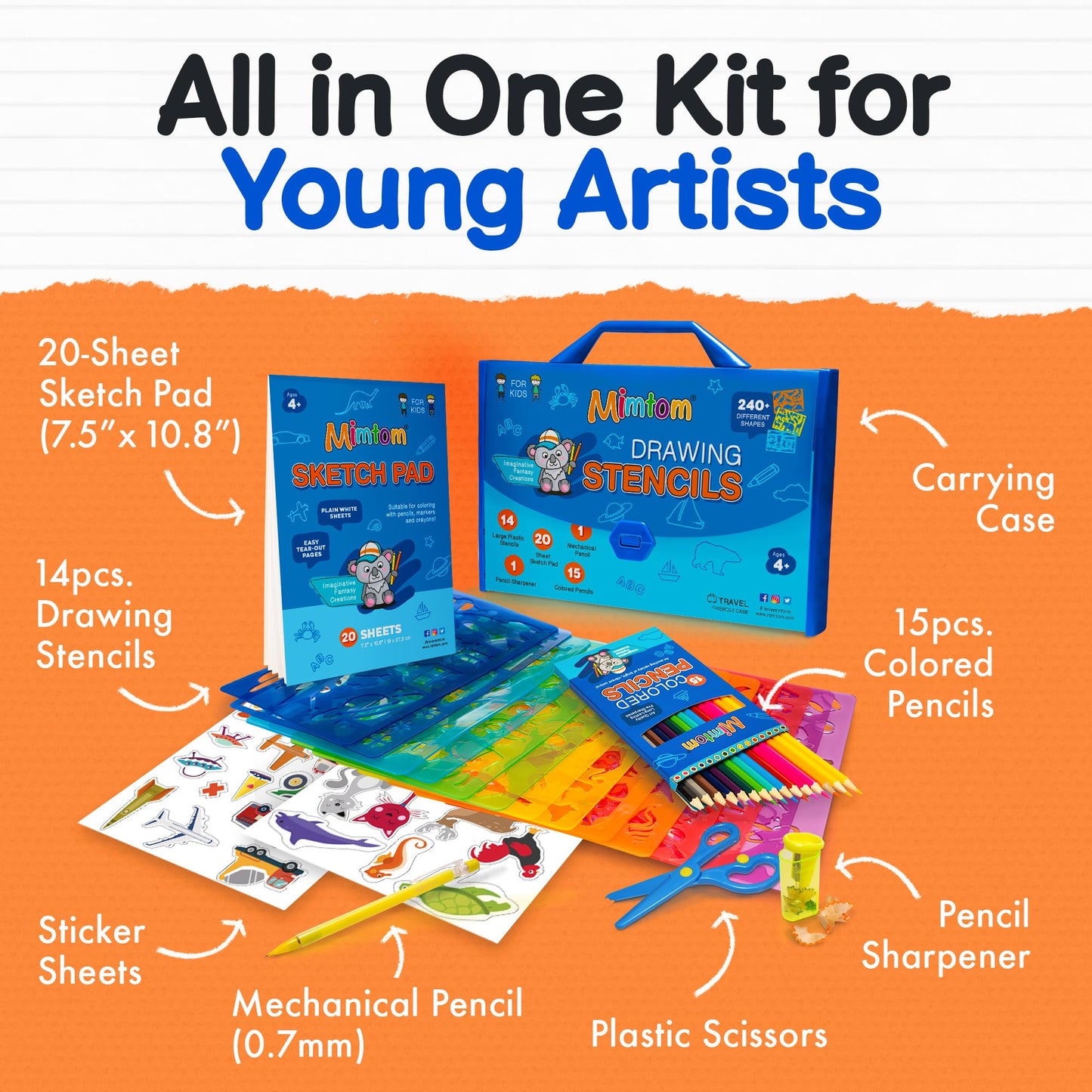 Mimtom Drawing Stencil Kit for Kids | 51 PC Arts and Crafts Stencil Set with over 240 Creative Shapes to Unleash Your Child's World of Imagination | Kid-Safe Fun Activity Toy for Ages 4 and Up