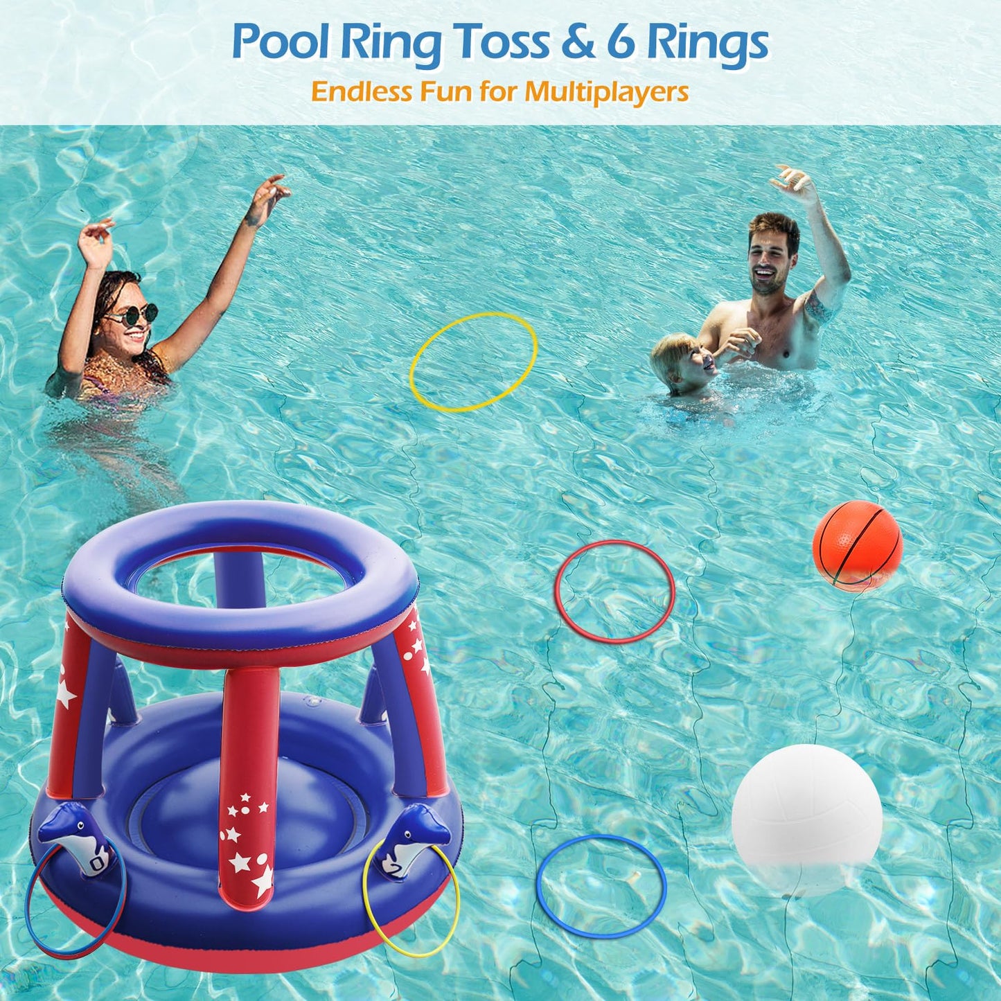 Jasonwell Pool Toys Games Set - 3 in 1 Pool Volleyball Net Basketball Hoop Ring Toss Game Inflatable Floats Water Floating Volleyball Swimming Pools Games Party Gift for Kids Adults (Red&Blue, L)