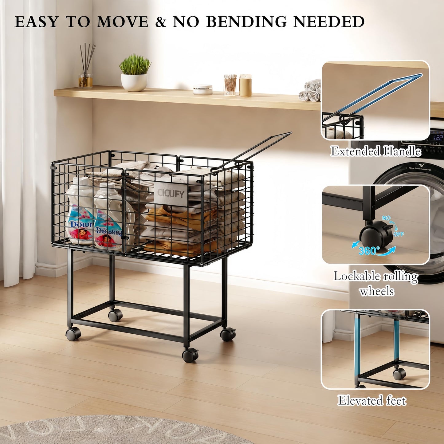 CICUFY Rolling Laundry Cart, 80L Wire Laundry Hamper Basket on Wheels, Dirty Clothes Basket with Handle, Metal Clothes Hamper Organizer for Laundry Room, Bathroom, Bedroom, Dorm, Black