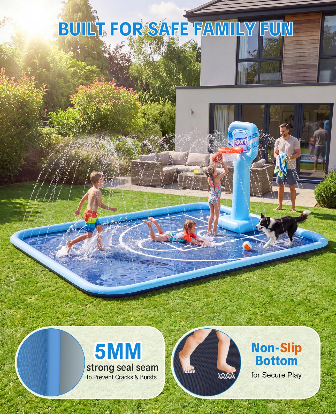Splash Pad for Kids, 118"x138" Extra Large Sprinkler Splash Pad with Basketball Hoop & Ball, Non-Slip Outdoor Water Toys for Backyard Summer Fun