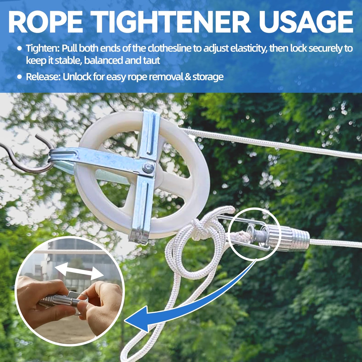 oyhqes Clothesline Kit Outdoors, Clothes Line Pulley Kit, 164ft Polyester Clothes Line Rope Outdoors Heavy Duty, Clothesline Pulley Kit with S Separator Spreaders, Rope Tightener, Hook for Clothes