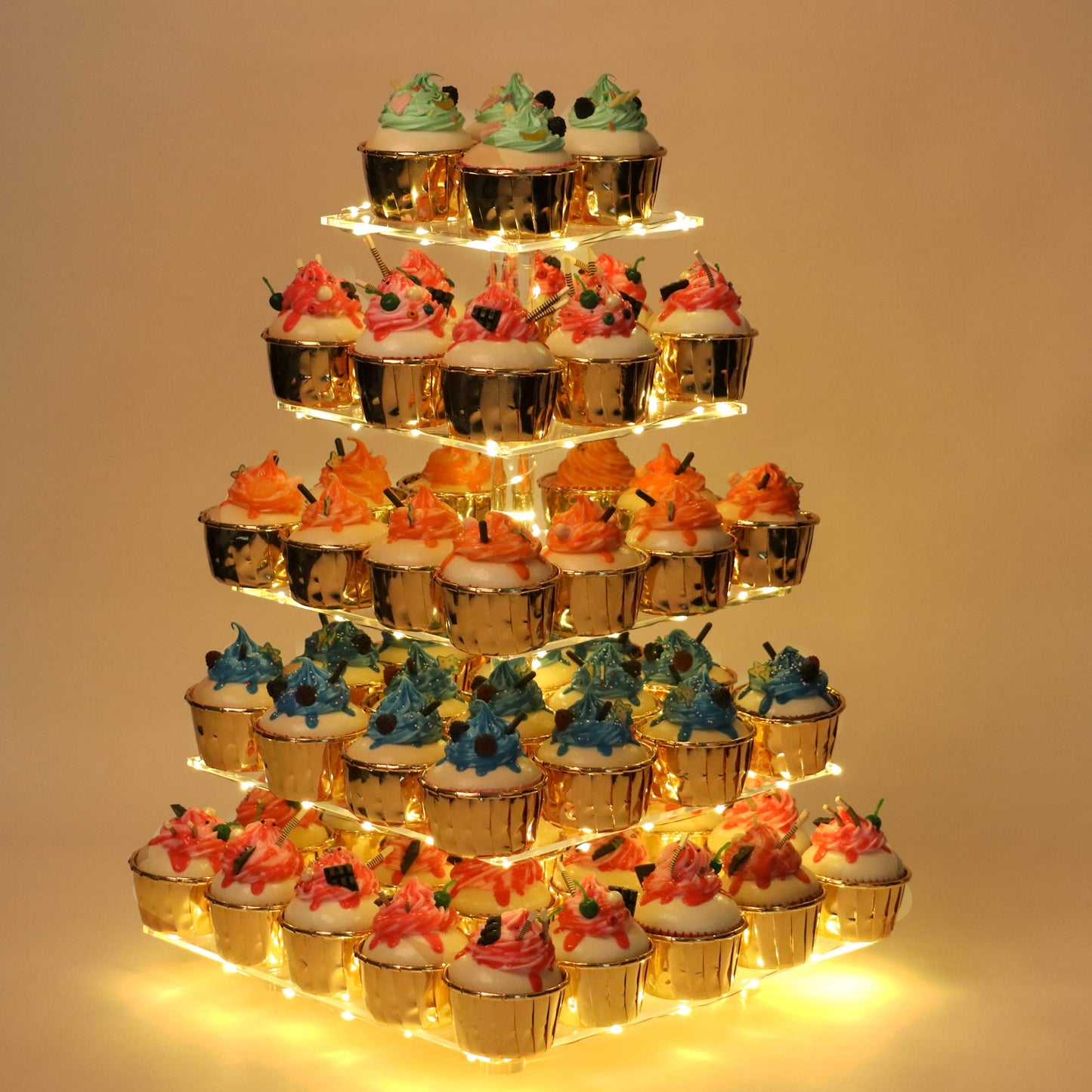 YestBuy Cupcake Stand - Premium Cupcake Holder - Acrylic Cupcake Tower Display - Cady Bar Party Décor - 5 Tier Acrylic Display for Pastry + LED Light String - Ideal for Weddings, Birthday Parties