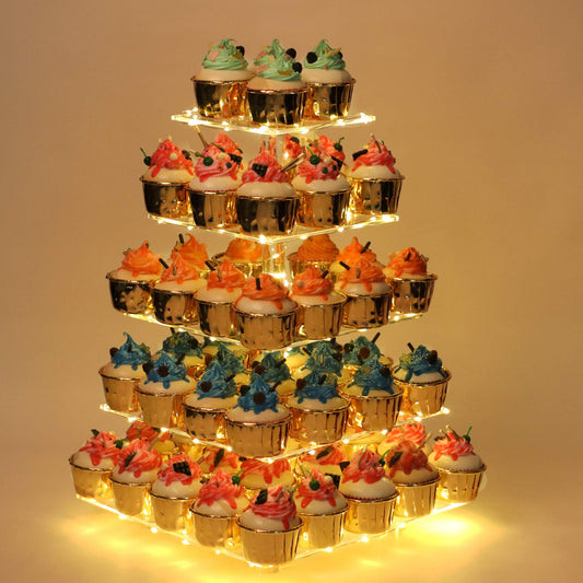 YestBuy Cupcake Stand - Premium Cupcake Holder - Acrylic Cupcake Tower Display - Cady Bar Party Décor - 5 Tier Acrylic Display for Pastry + LED Light String - Ideal for Weddings, Birthday Parties