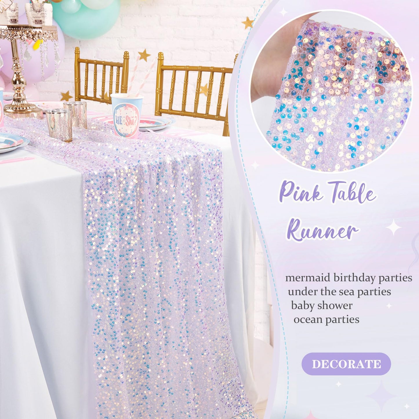 3 Packs Mermaid Party Table Runner 25x120 Inches Purple Table Runner Glitter Sequin Fabric Mermaid Birthday Decorations