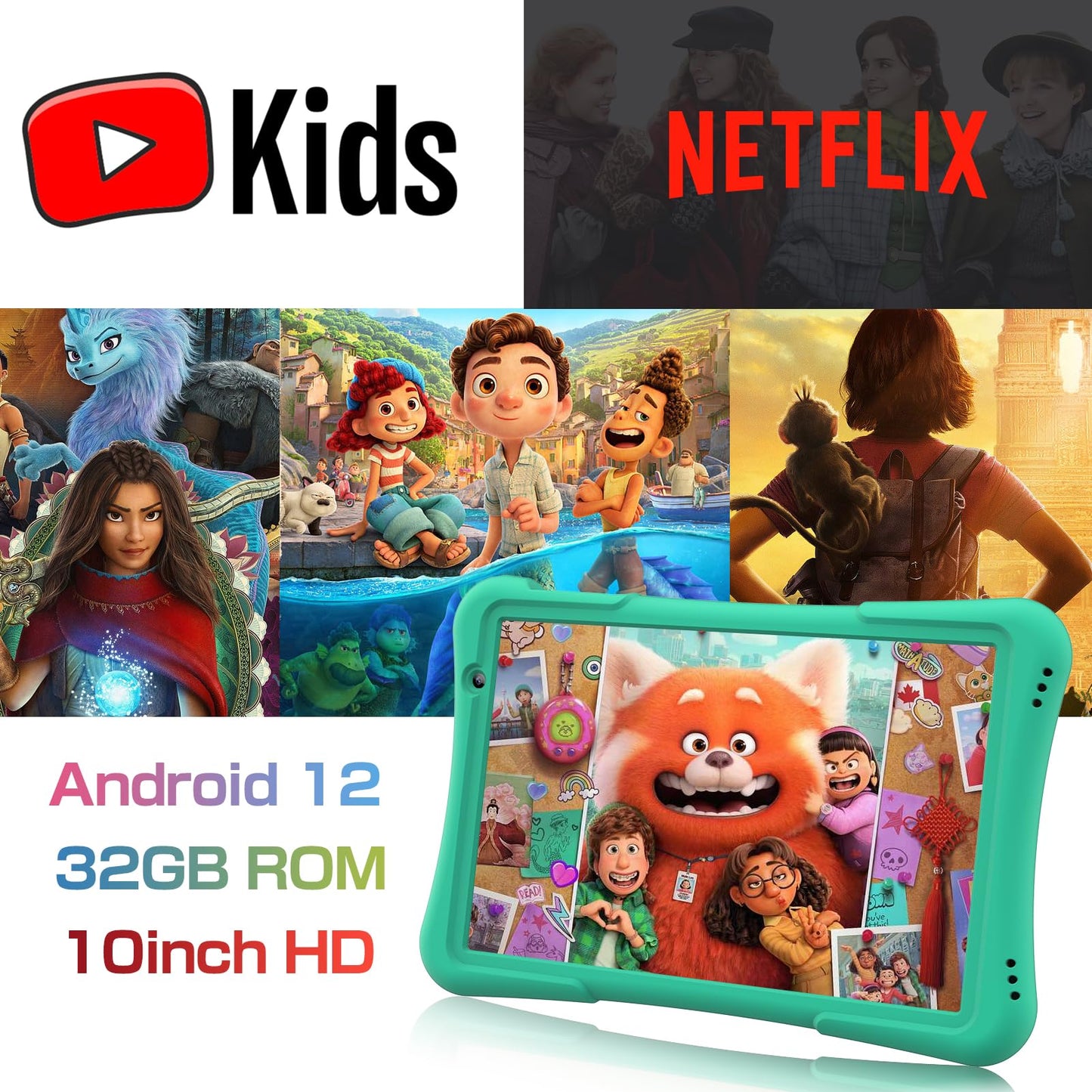 PRITOM 10 inch Kids Tablet Android 12 Tabletas 32GB, Quad-Core, 6000mAh, Large HD IPS Display, WiFi 6, Dual Camera, Bluetooth, Toddler Tablet for Kids Age 3+, Green