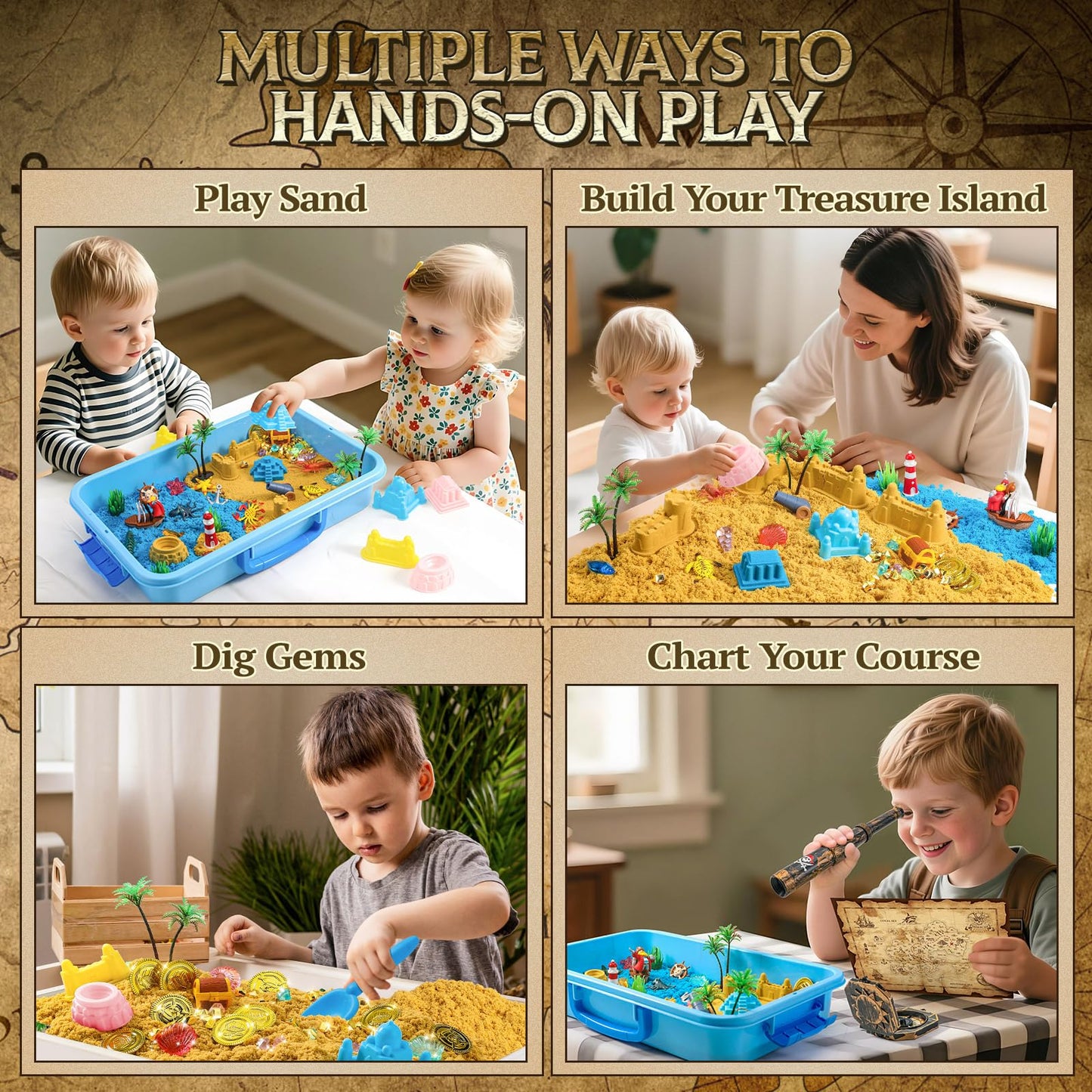 KNASON Pirate Treasure Chest Sensory Bin,Play Sand Kit for Boys with Pirate Accessories,1 KG Sand,Glow in The Dark Gems and Map,Pretend Play Adventure Sensory Toys for Toddlers Kids Ages 3 4 5 6 7 8