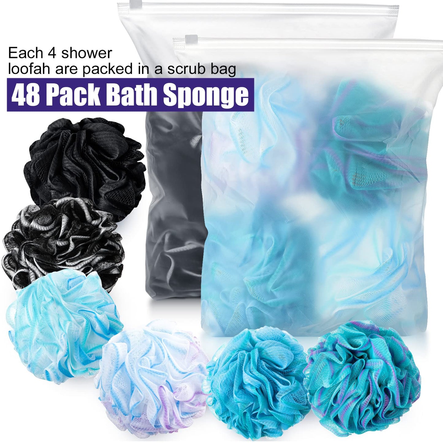 48 Pack Bath Sponge Shower Loofahs Bulk 50g Soft Net Body Scrubber Sponge Ball Body Shower Puff Mesh Pouf Bath Scrunchies Body Wash Puff for Men and Women Exfoliating Shower Pouf Balls ?Regular Color