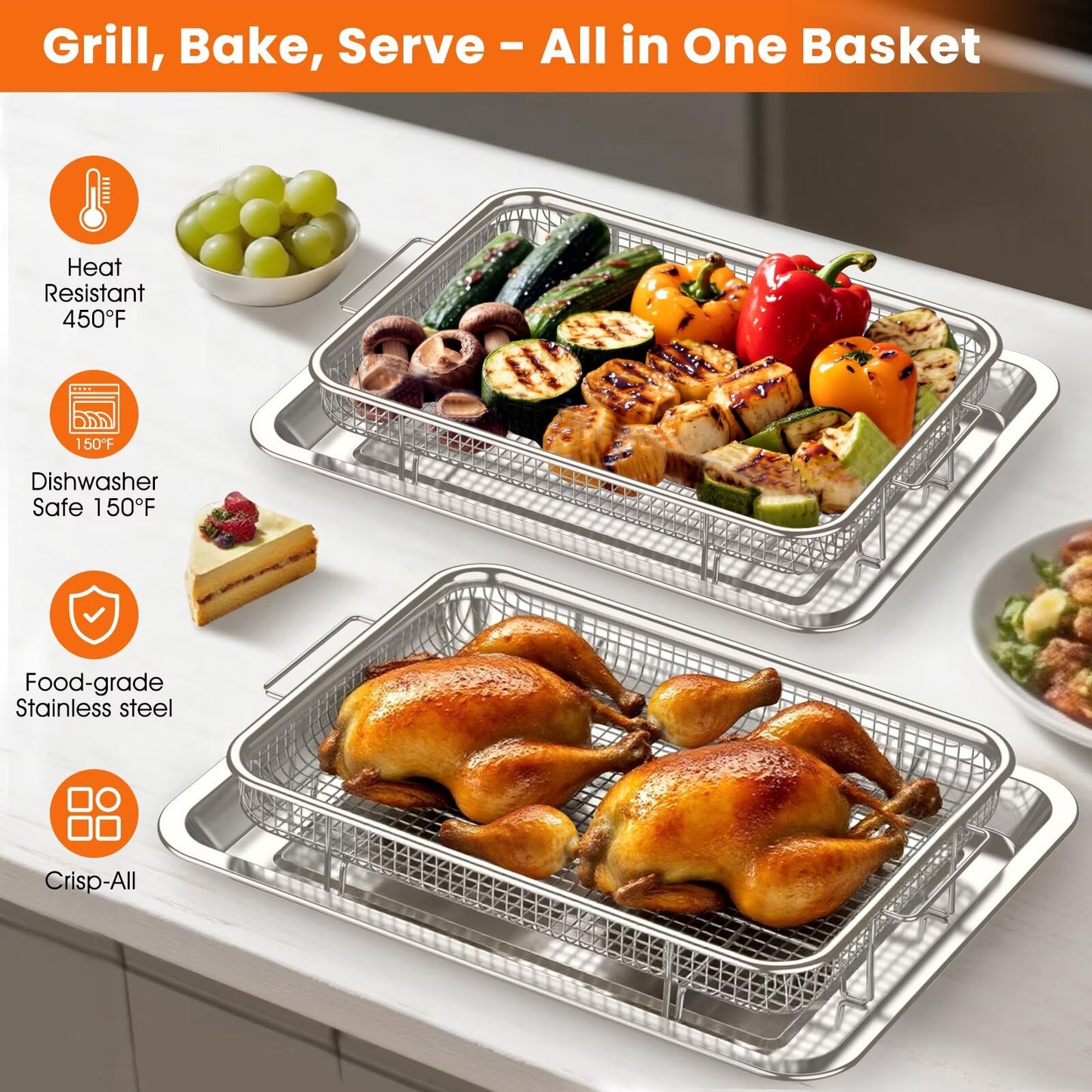 Xumilas 304 Stainless Steel Air Fryer Basket for Oven - 2 Pack Crisper Tray & Mesh Rack Set (15"x11" & 12.8"x9.7") with 60 Parchment Papers, Air Fry Pan for Bacon Fries Vegetables - Family Size
