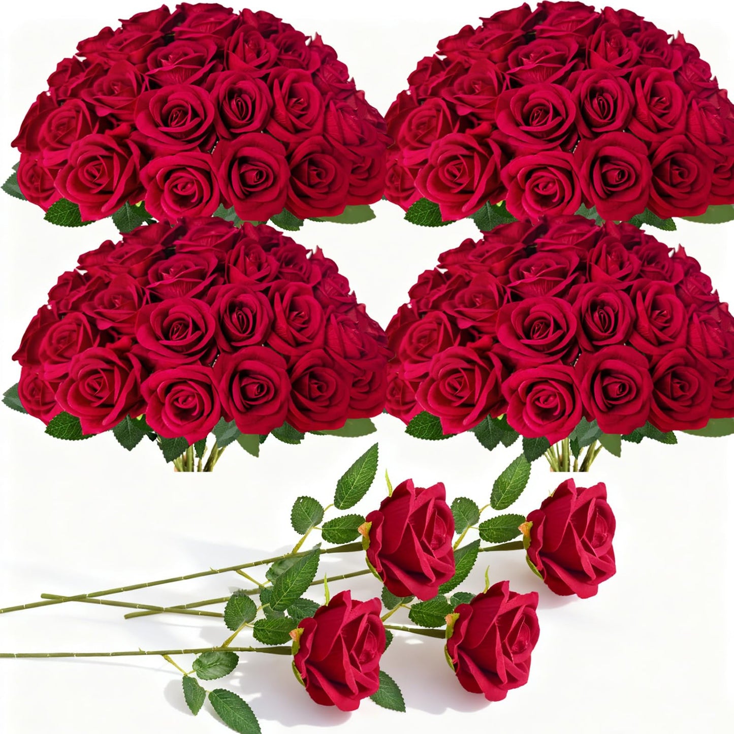 100 Pcs Fake Roses Bulk Red Artificial Flowers, Artificial Velvet Silk Roses Bouquet with Stems for Wedding Decoration, Fake Flowers in Vase Valentines Day Floral Arrangement Home Decor Centerpiece
