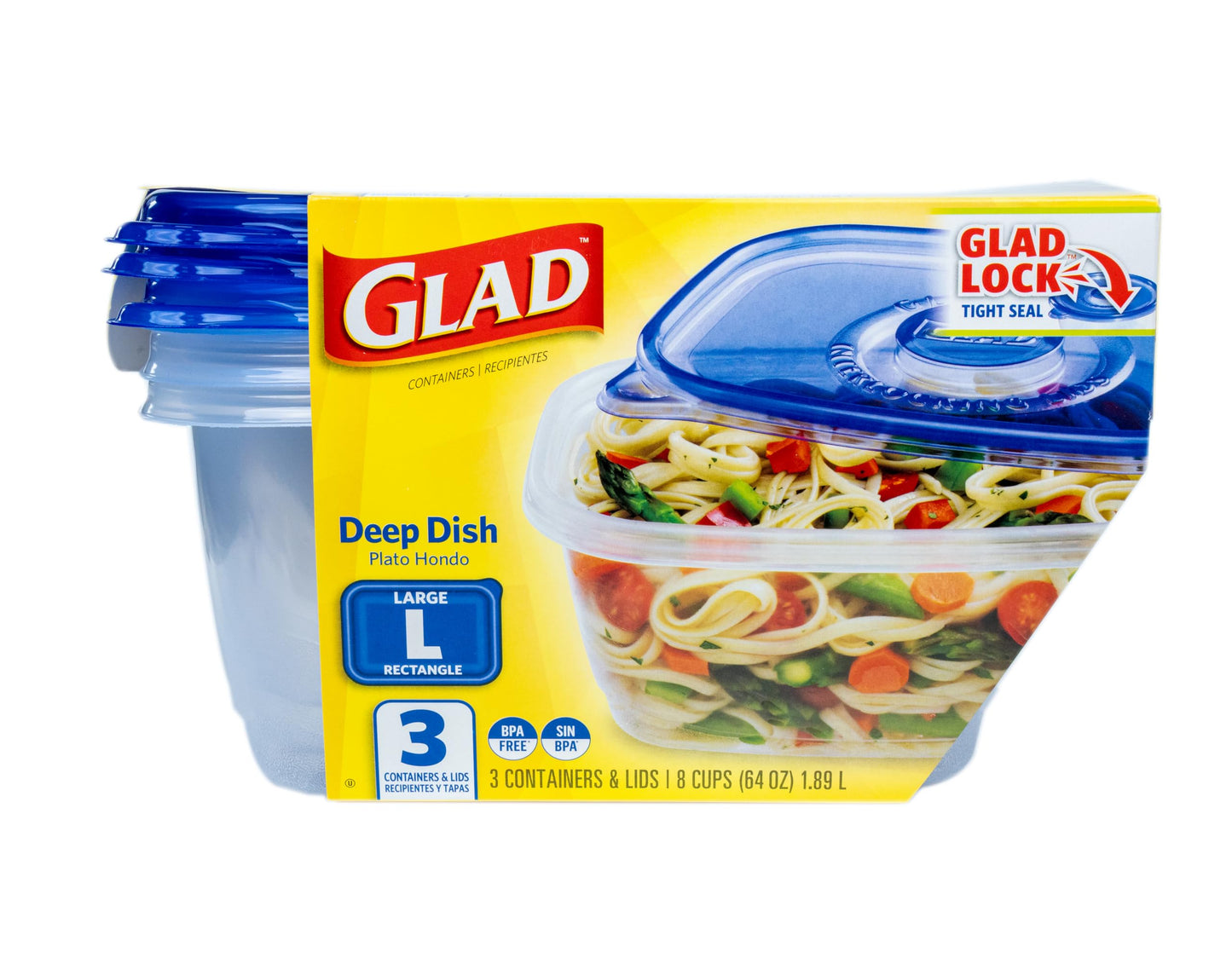 Glad GladWare Deep Dish Food Storage Containers with Lids, Large Rectangle BPA Free Plastic for Soups Salads and Meal Prep, Lock Tight Seal, Microwave Dishwasher Safe, 64 Oz, 3 Count - 6 Pack