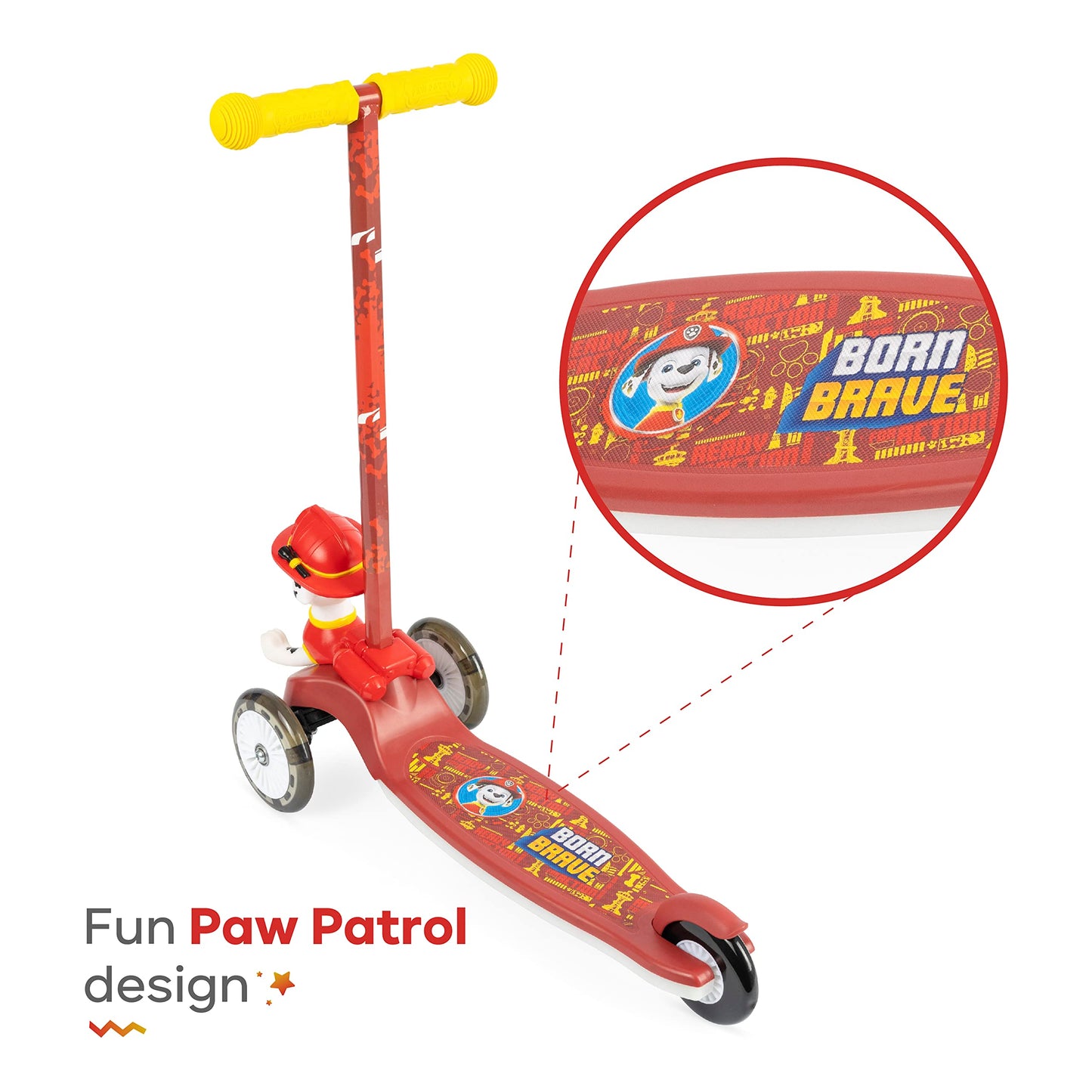 Paw Patrol Marshall Kick Scooter for Kids, Self-Balancing 3 Wheeled Light Up Scooter with Extra Wide Anti-Slip Deck, Rear Brake, Lean to Steer, Lightweight Design, for Ages 3 and up, 75 LB Limit