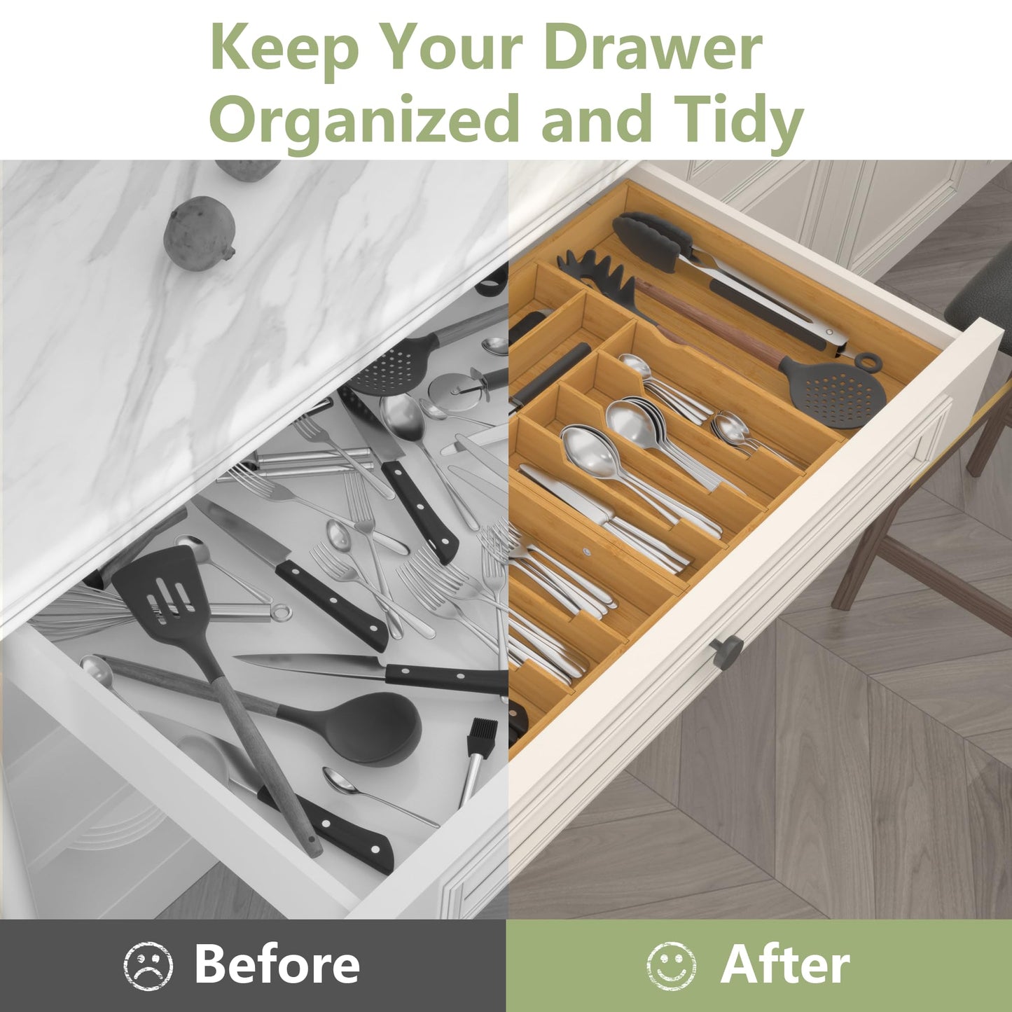 Suli Large Silverware Drawer Organizer, Adjustable Kitchen Flatware for Forks Knives and Spoons, Bamboo Cutlery Utensil Holder, Expandable from 22in-37in, Natural Bamboo