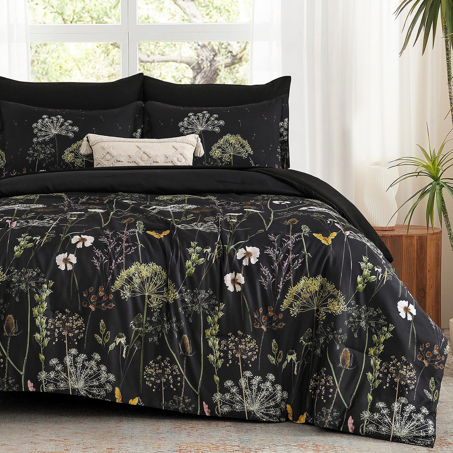 Yiran King Size Comforter Set, 7 Piece Comforter Floral Black Green Bedding Set, Soft Bed in a Bag King, Comforter, Sheets, Pillowcases & Shams